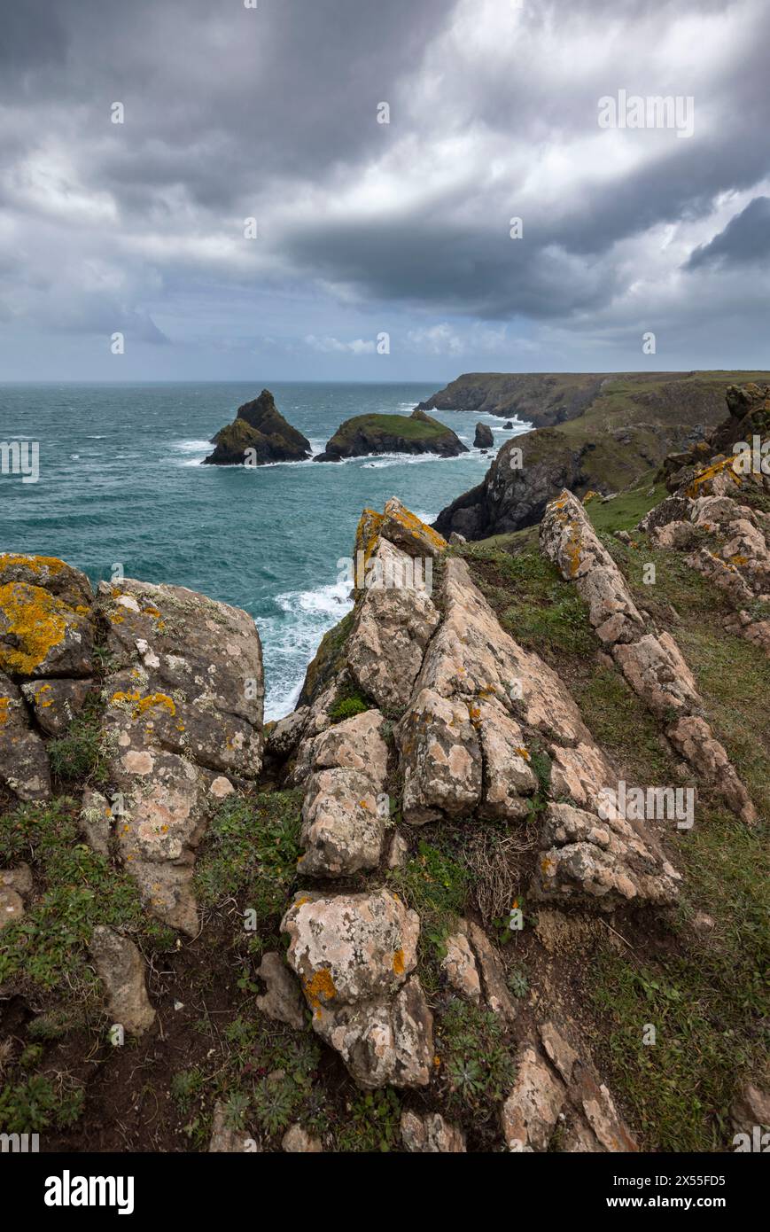 Dramatische Klippenlandschaft in Kynance Cove auf der Lizard Peninsula, Cornwall, England. Frühjahr (April) 2024. Stockfoto