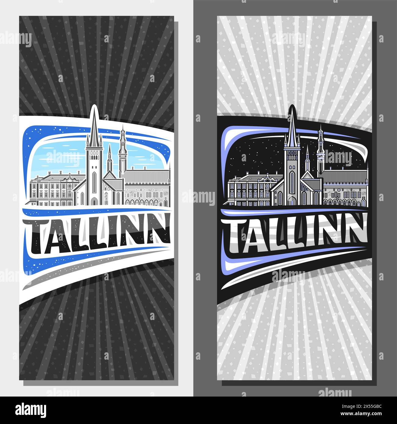 Vertikale Vektorlayouts für Tallinn, dekoratives Faltblatt mit umrissener Illustration der tallinner Stadtlandschaft am Tag und Abenddämmerung Hintergrund, Kunstdesign tou Stock Vektor