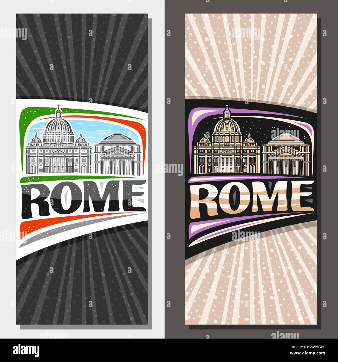 Vertikale Vektorlayouts für Rom, dekoratives Faltblatt mit Umrissdarstellung der europäischen rom-Stadtlandschaft am Tag und Abenddämmerung Hintergrund, Kunstdesign Stock Vektor