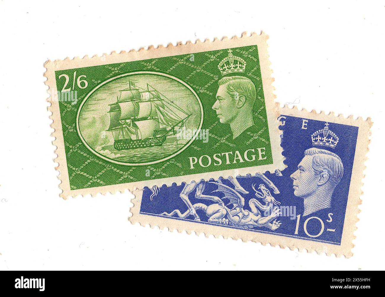 Ein Paar hochwertige Münzprägezeichen, King George VI. Briefmarken aus Großbritannien auf weißem Hintergrund. Stockfoto