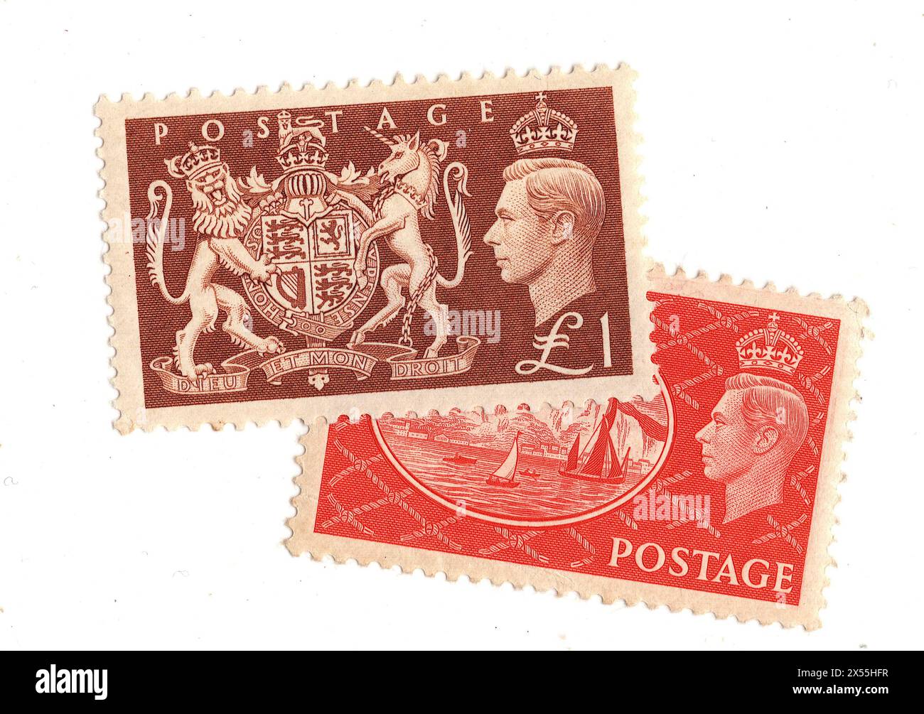 Ein Paar hochwertige Münzprägezeichen, King George VI. Briefmarken aus Großbritannien auf weißem Hintergrund. Stockfoto