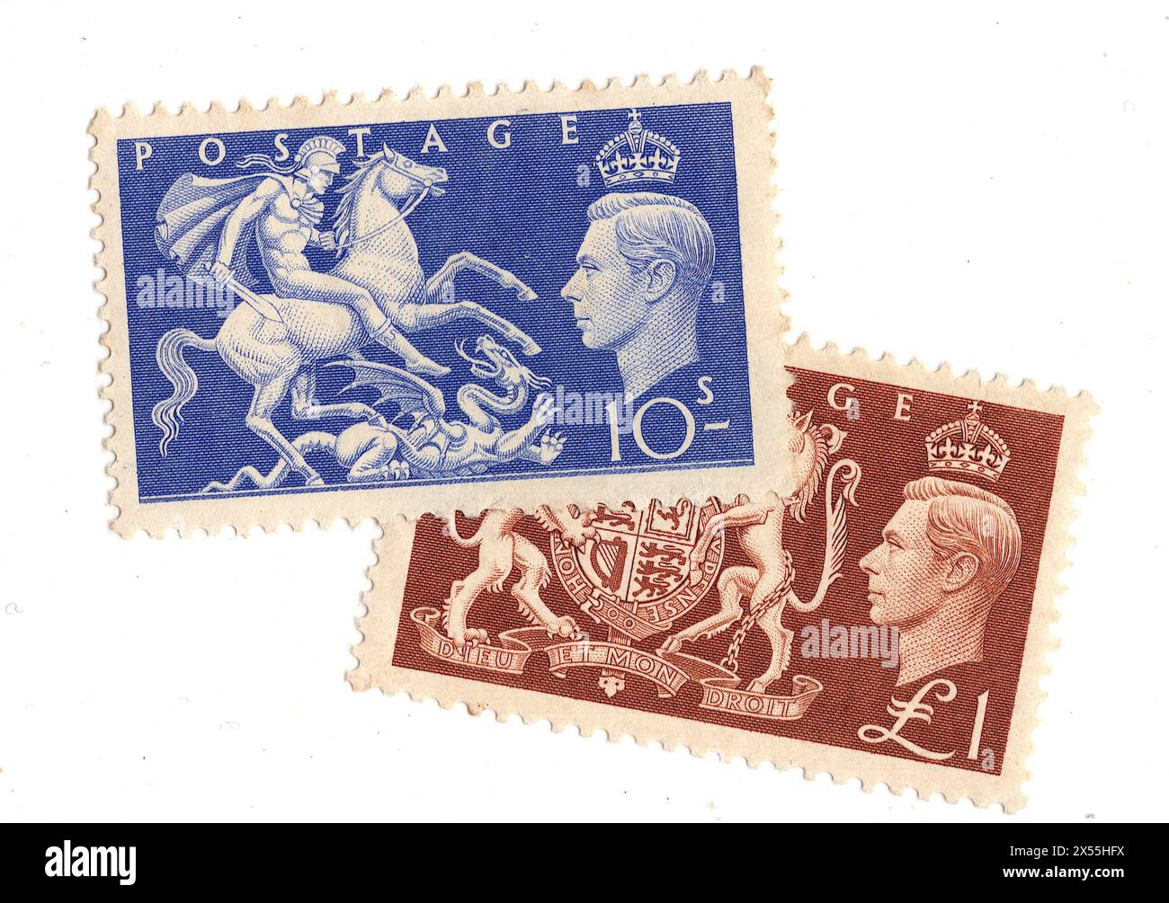 Ein Paar hochwertige Münzprägezeichen, King George VI. Briefmarken aus Großbritannien auf weißem Hintergrund. Stockfoto
