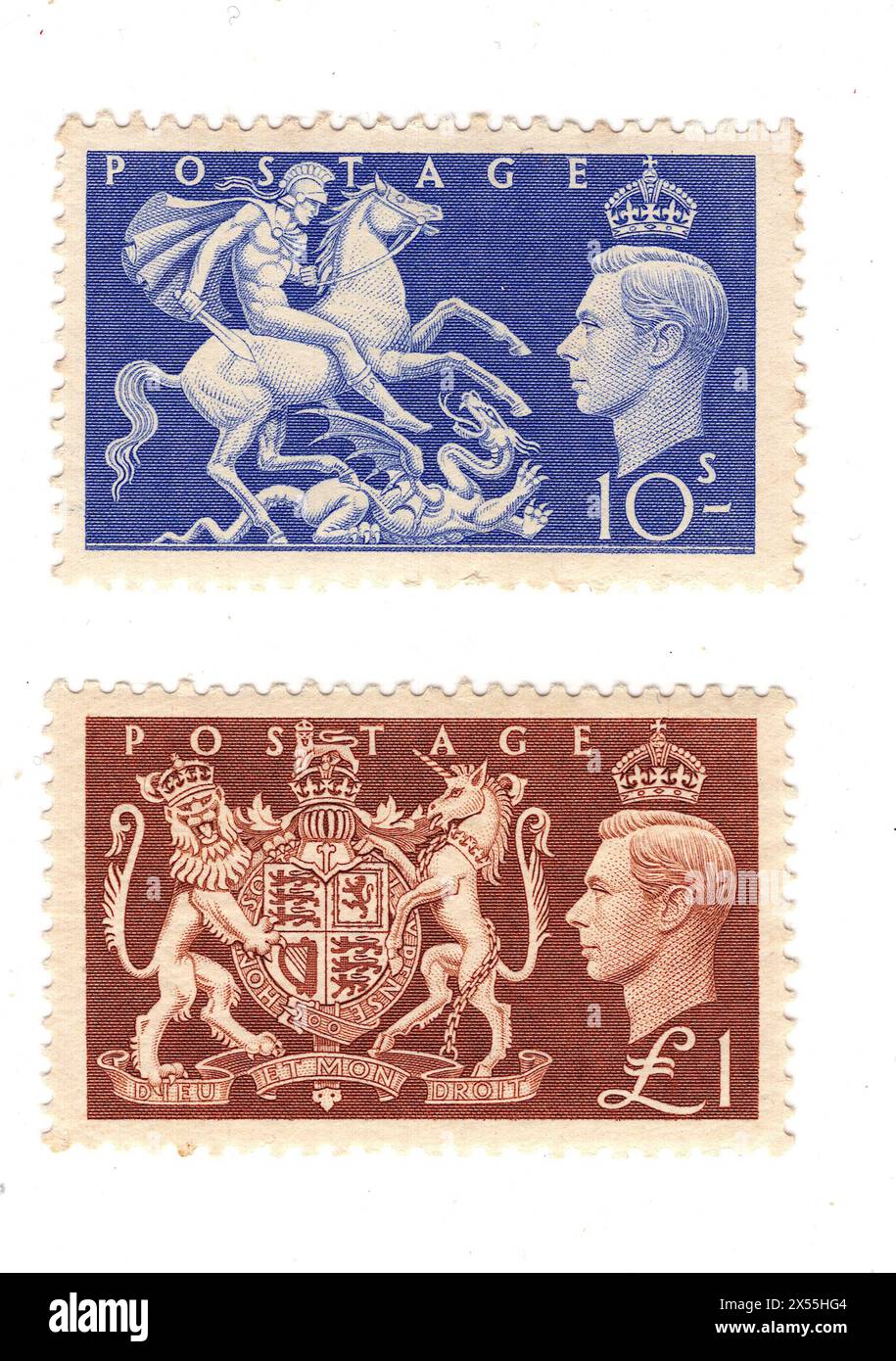 Ein Paar hochwertige Münzprägezeichen, King George VI. Briefmarken aus Großbritannien auf weißem Hintergrund. Stockfoto