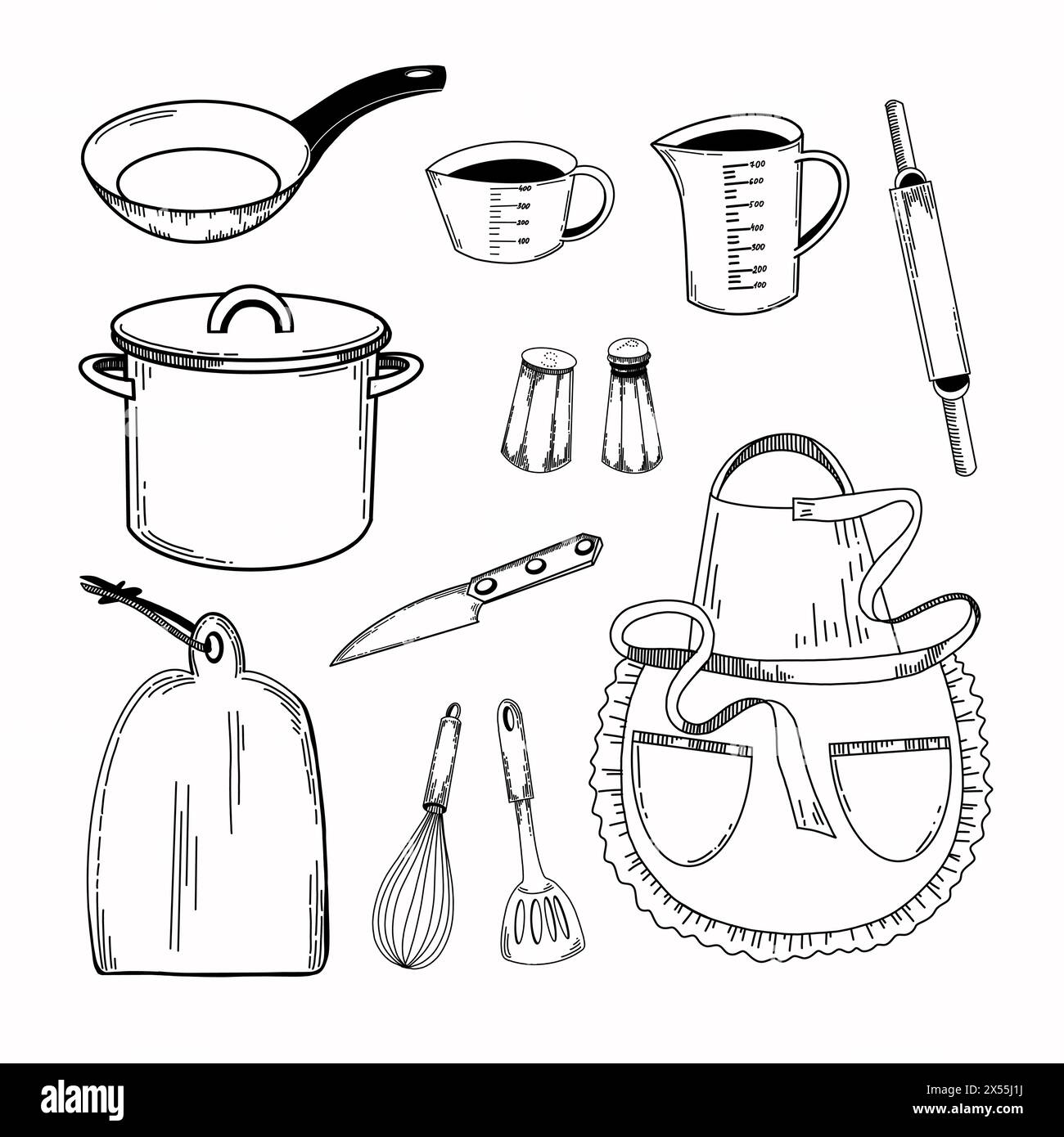 Küchenutensilien. Einen Topf, eine Pfanne mit schwarzem Griff, einen Messbecher, einen Schneebesen, ein Messer, ein Schneidebrett, ein Salzstreuer, eine Pfeffermühle Stock Vektor