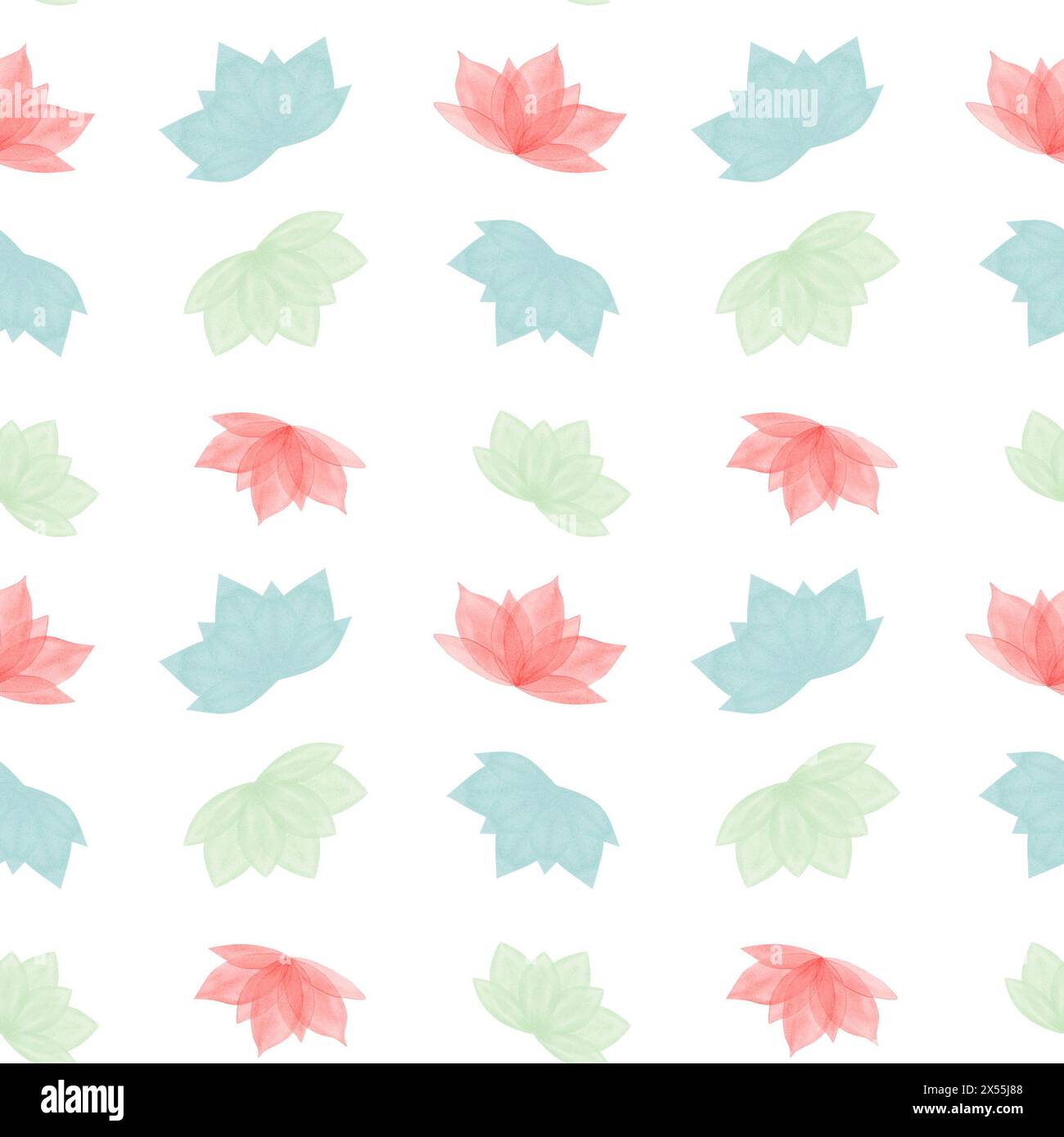Abstrakt blühendes Lotussymbol. Handgezeichnete Seerose. Nahtloses Muster aus einfachen roten, grünen, blauen Blüten. Lotus-Symbol. Geometrische Form. Stockfoto