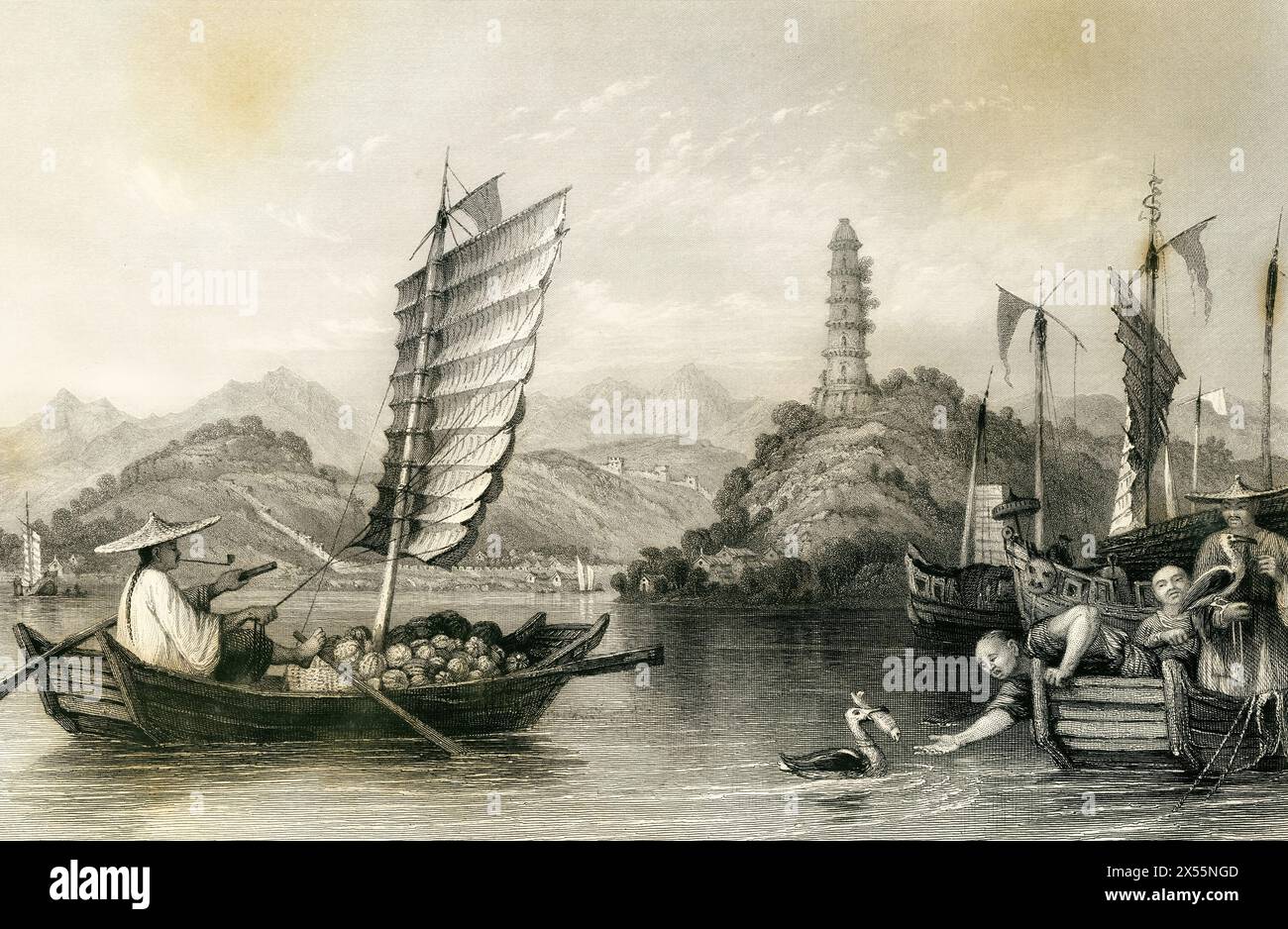 Chinesischer Bootsmann Economizing Time & Labour, Poo-kow / Nanjing Jiangsu China / gezeichnet von T. Allom Gravur von A.. Willmore Stockfoto