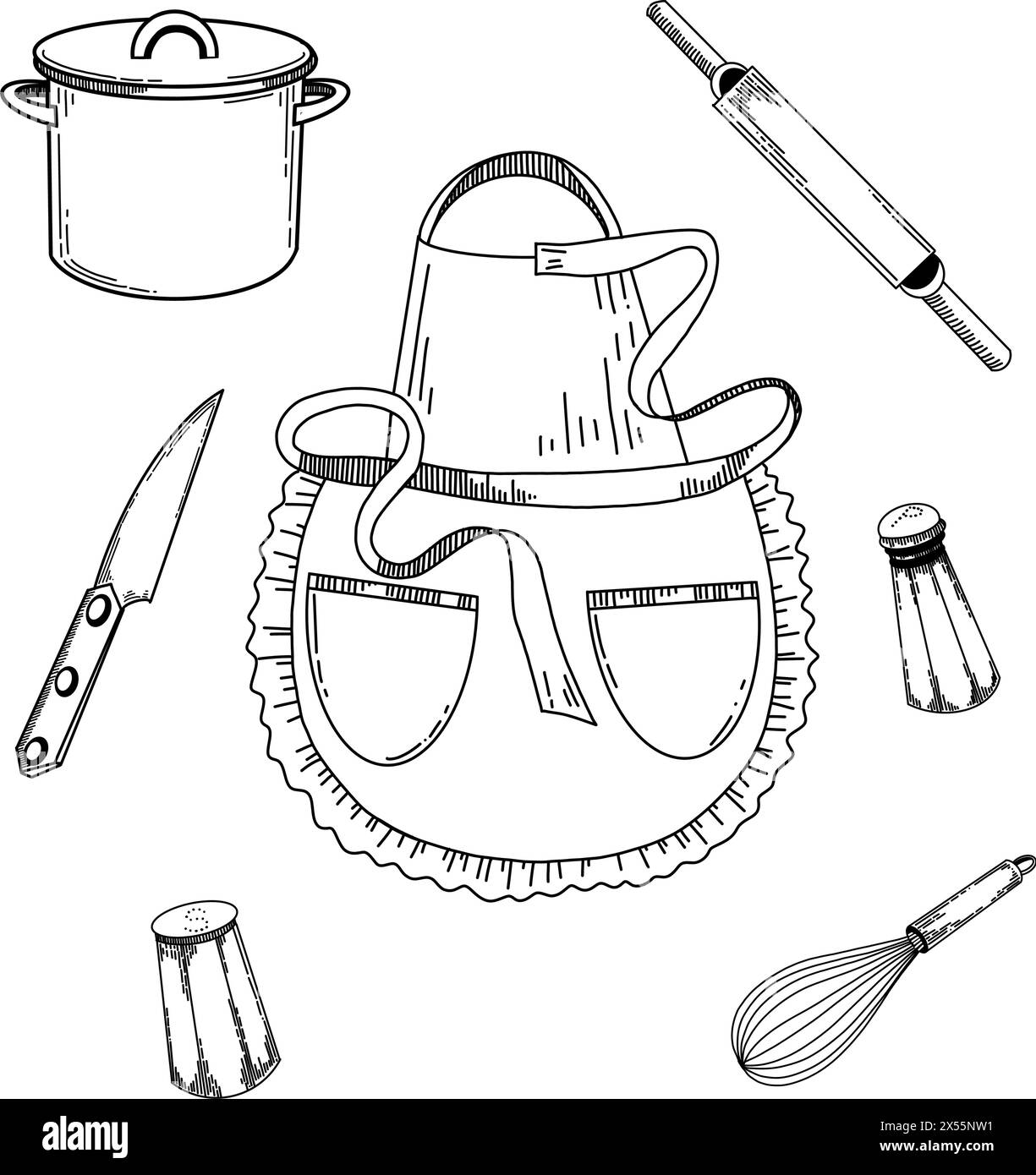 Illustration für die Küche. Kochschürze, Messer, Nudelnadel für Teig, Salz- und Pfefferstreuer, Schneebesen zum Schlafen. Objekte werden schwarz gezeichnet Stock Vektor