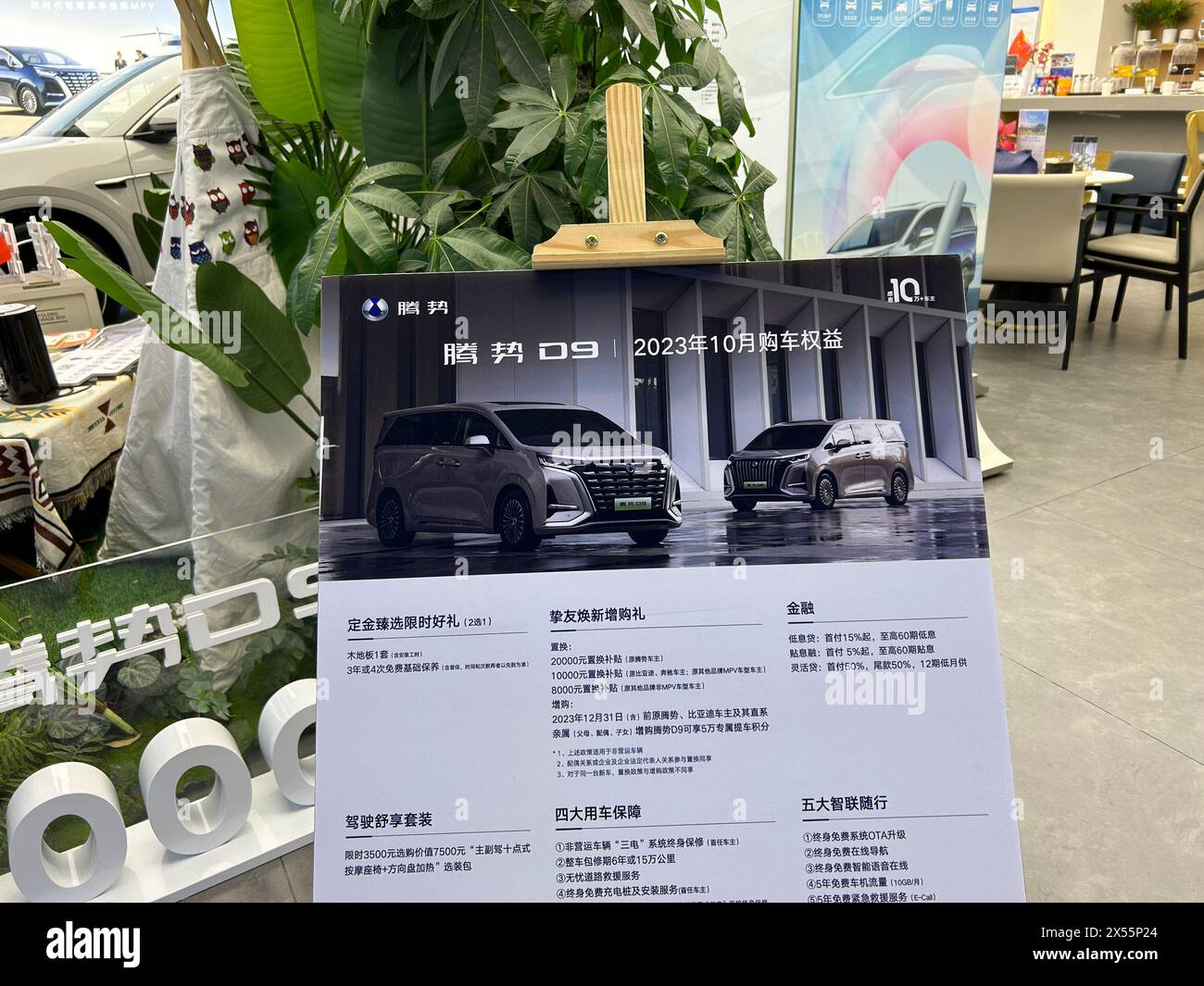 Shanghai, China, Nahaufnahme, Schild, Poster, chinesische Elektroautos im Ausstellungsraum von Car Showroom, Denza Stockfoto