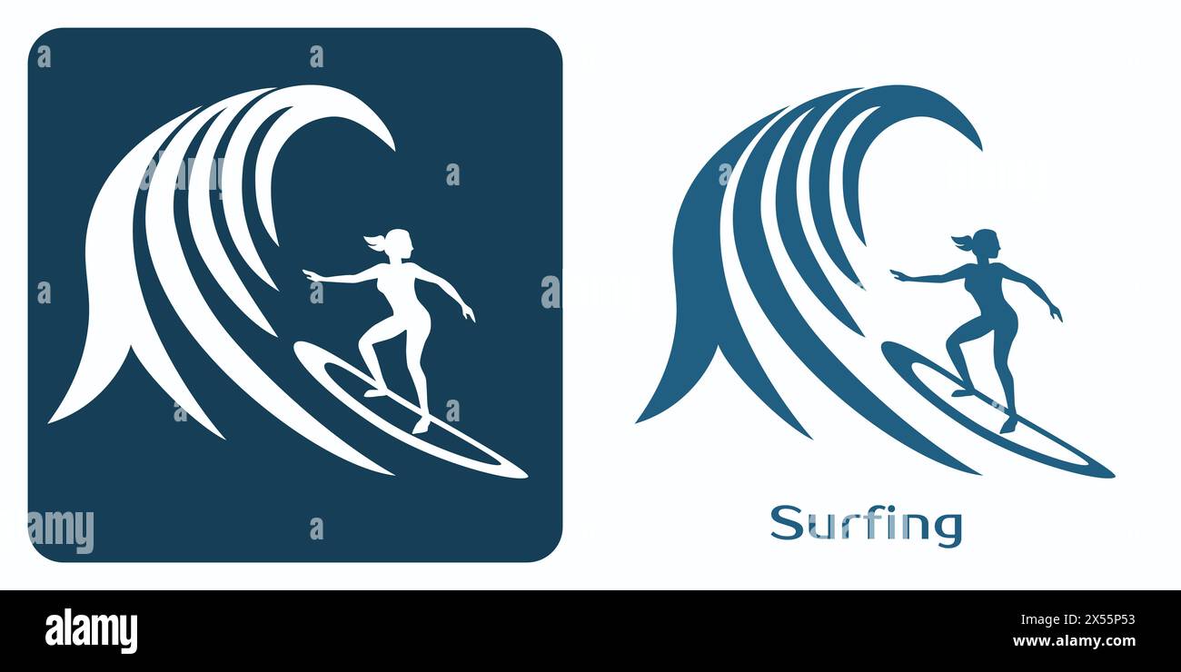 Surferfrau, die auf einer großen Welle reitet. Emblem für Freizeit- oder Wettkampfsurfen. Stock Vektor