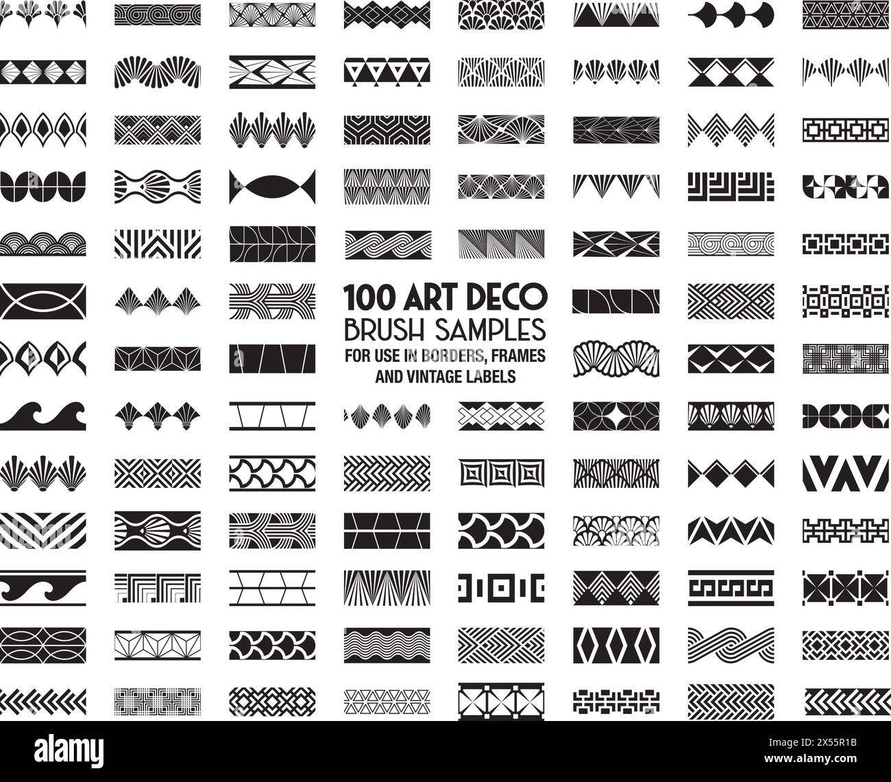 100 Art déco-Musterpinsel für Ränder, Rahmen und Vintage-Etiketten. Stock Vektor