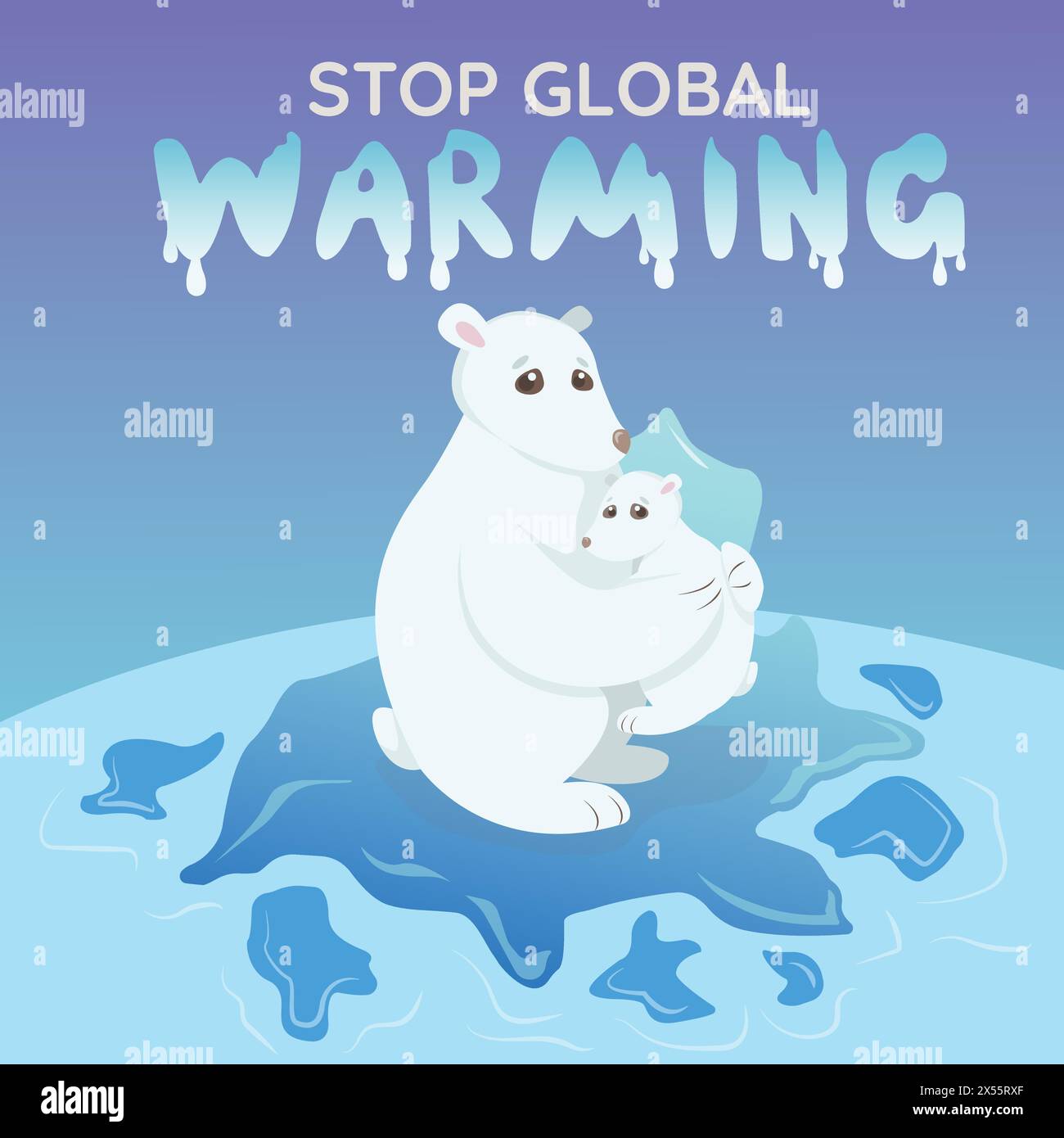 Banner zur Bekämpfung der globalen Erwärmung. Illustration der Vektorabwicklung. Eisbären auf einem Gletscher. Konzept der globalen Erwärmung Stock Vektor