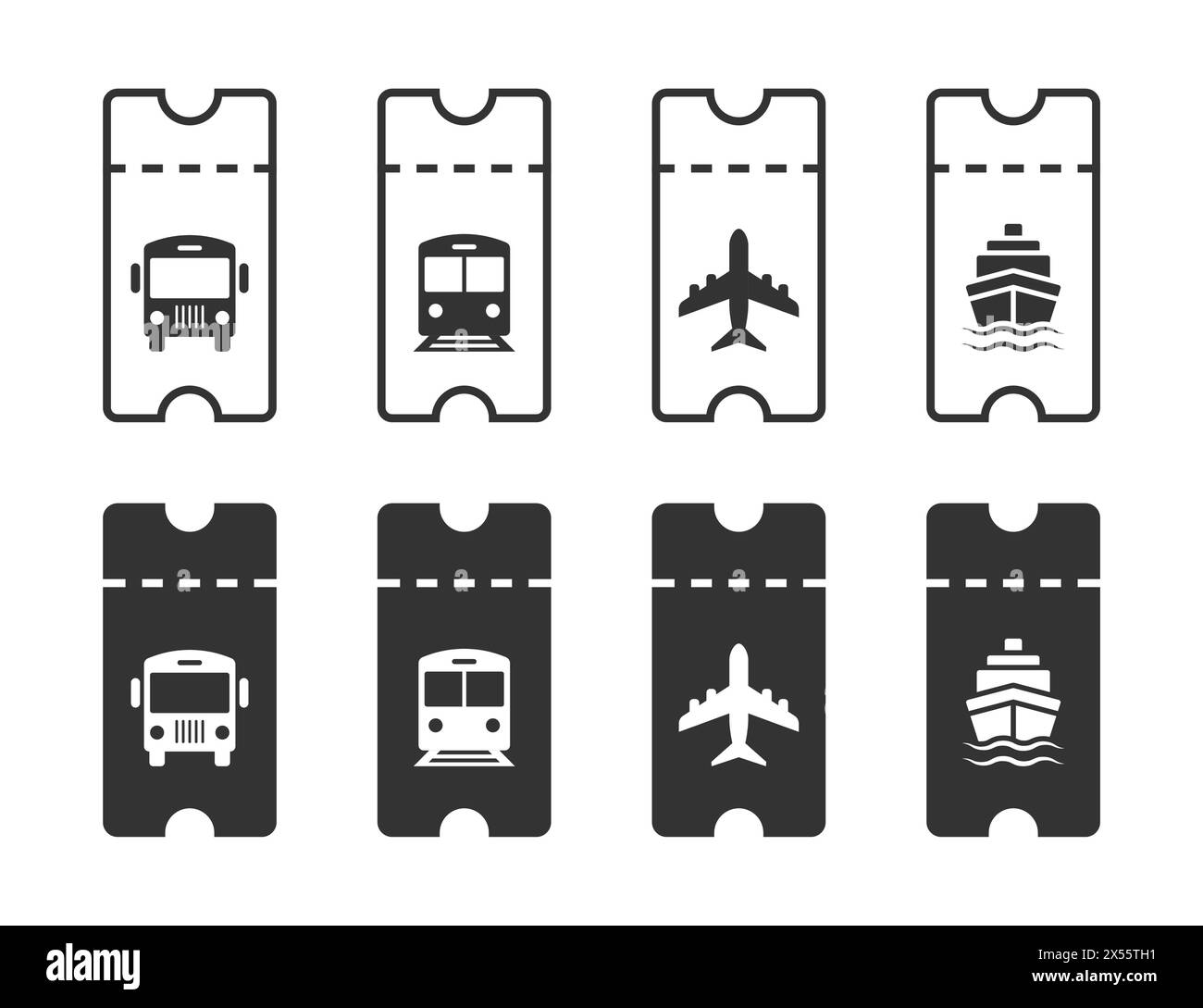 Set von Symbolen für Passagierkarten für Bus, Zug, Flugzeug und Schiff. Vektorabbildung Stock Vektor