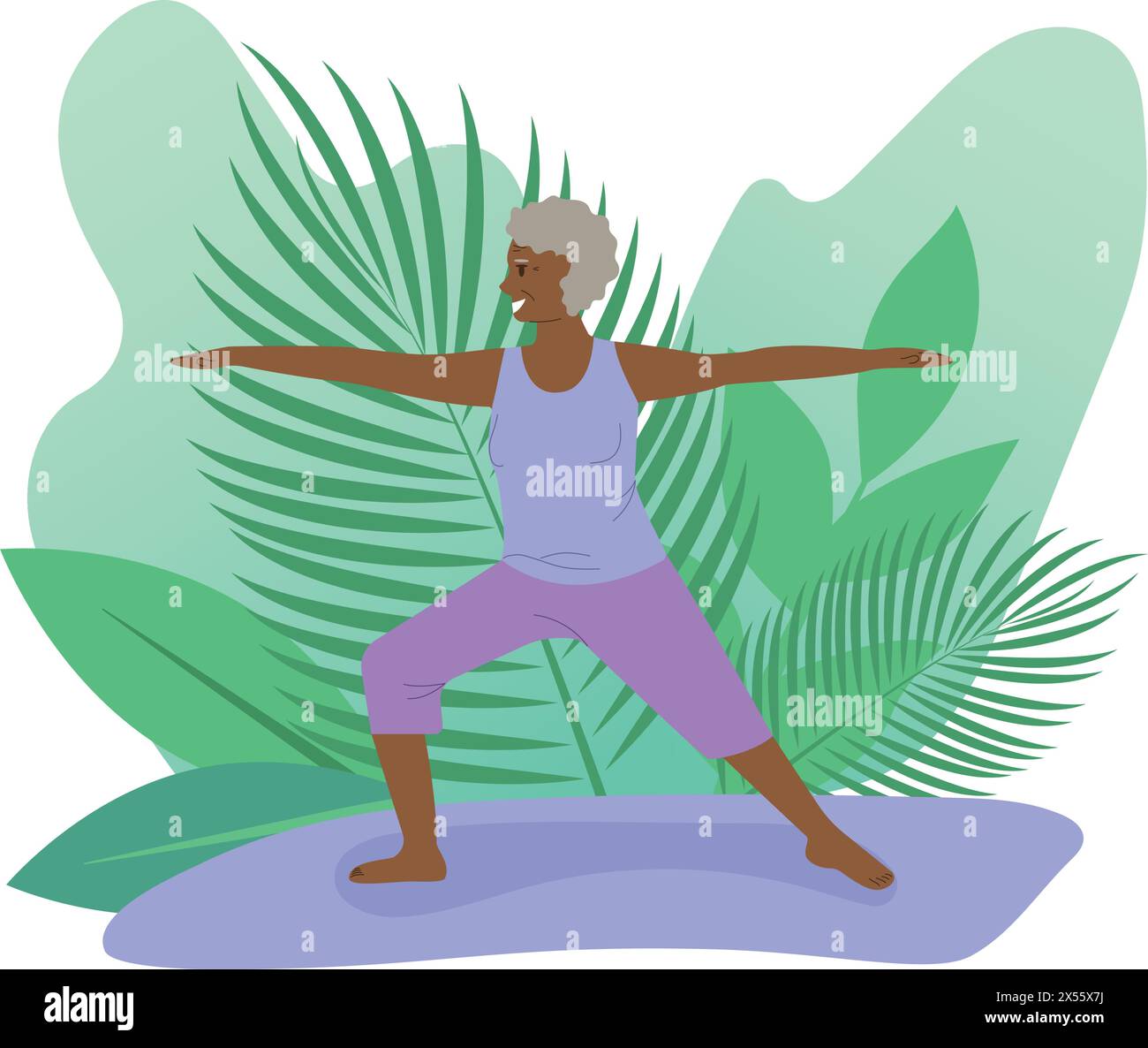 Seniorin beim Yoga. Die alte Dame macht morgens Yoga oder Atemübungen. Isolierte Vektordarstellung. Psychische Gesundheitskonzepte Stock Vektor