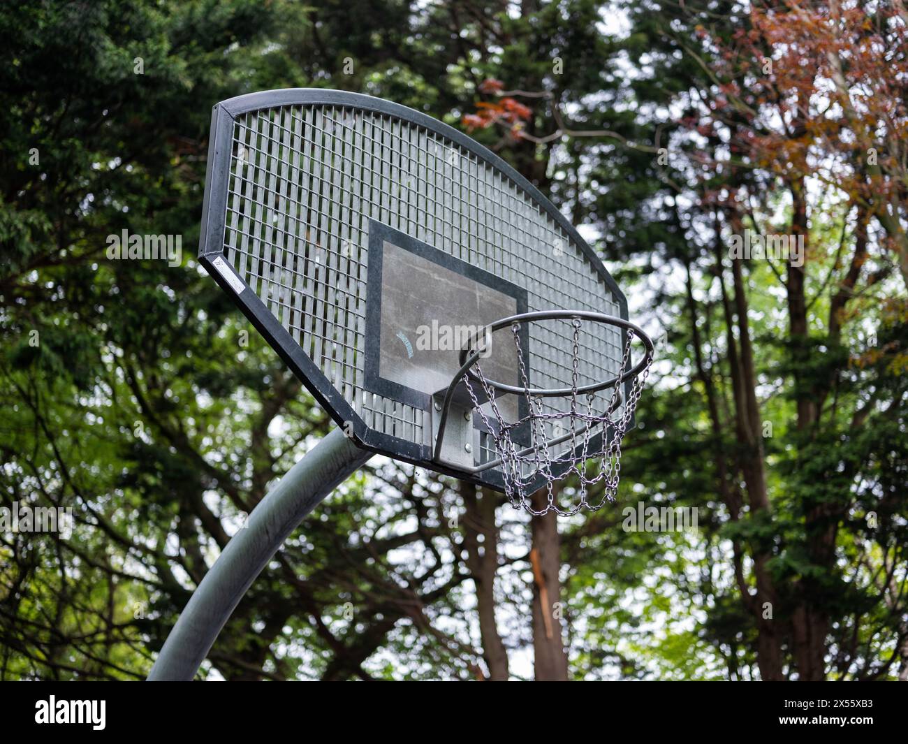 Ein Basketballkorb aus Metall in einem öffentlichen Park. Stockfoto
