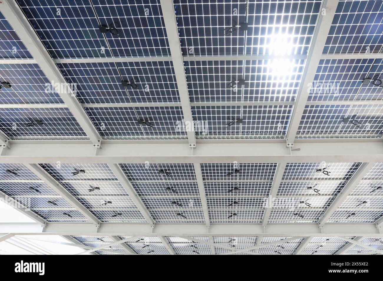 Neue halbtransparente Photovoltaik-Module beschatten einen Parkplatz Stockfoto