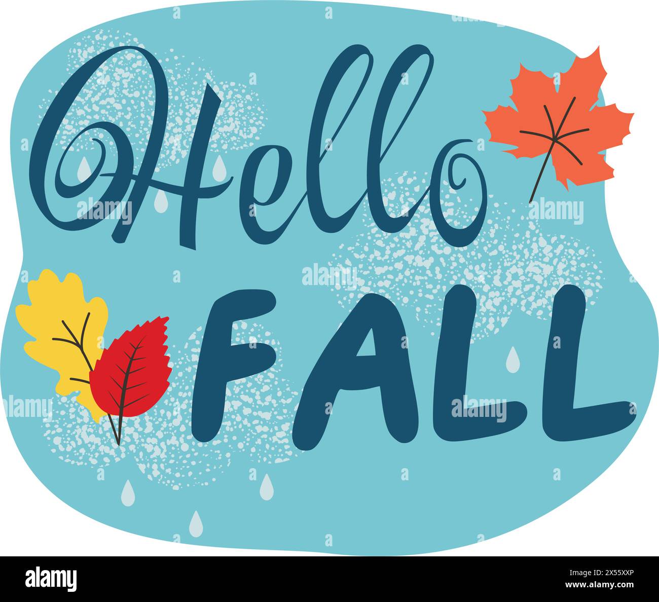 Hallo Herbst Vektor Illustration mit Schriftzug. Regnerisches Wetter, Herbstlaub. Abbildung in flacher Ausführung. Stock Vektor
