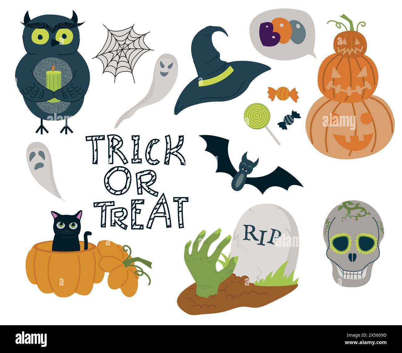Set mit Halloween-Elementen. Vektor-Set von Herbstelementen mit Web, Hut, Fledermaus, Kürbisse, Geister, Katze, Zombie, Schädel, Eule und Süßigkeiten. Trick oder Leckerli lassen Stock Vektor