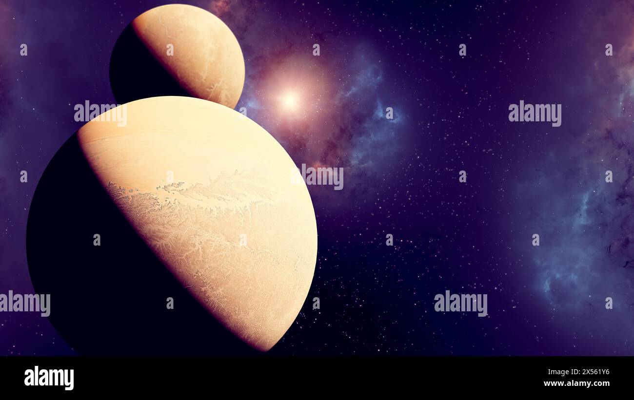 SCI-fi-Landschaft. Exoplanet von einem seiner Monde aus gesehen. Satelliten eines außerirdischen Planeten. 3D-Rendering Stockfoto