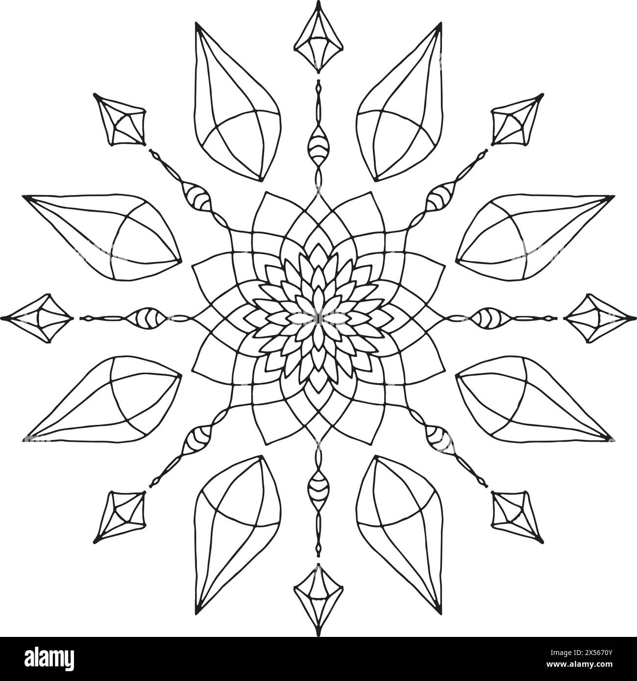 Abstraktes Mandala-Design mit konzentrischen Kreisen, Edelsteinen und Blättern Stock Vektor