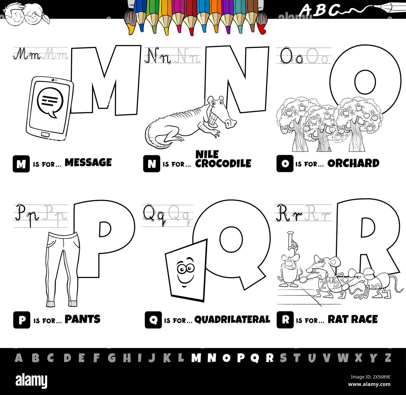 Schwarz-Weiß-Cartoon-Illustration von Großbuchstaben aus Alphabet Lernset zum Lesen und Schreiben Praxis für Kinder aus M bis R colori Stock Vektor