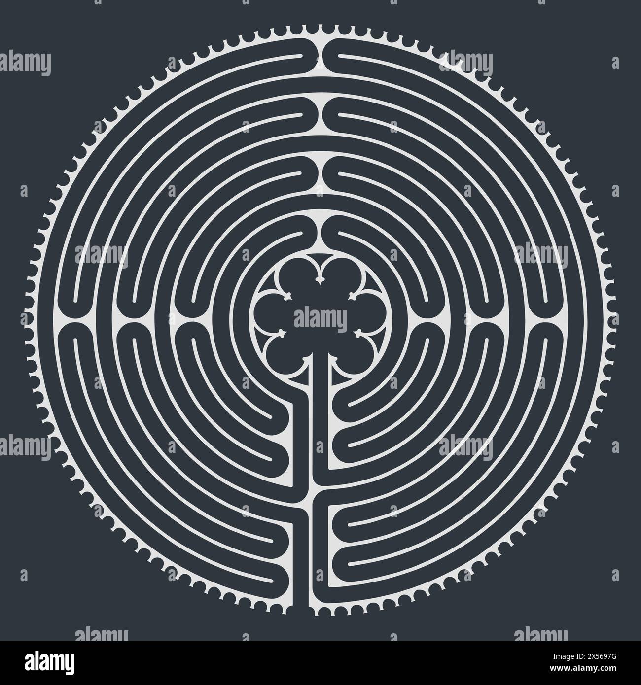 Labyrinth Kathedrale von Chartres Illustration Vektor - Symbolismus Meditation Geschichte - Blumenmotiv - Heilige Geometrie - Schwarz und weiß Stock Vektor
