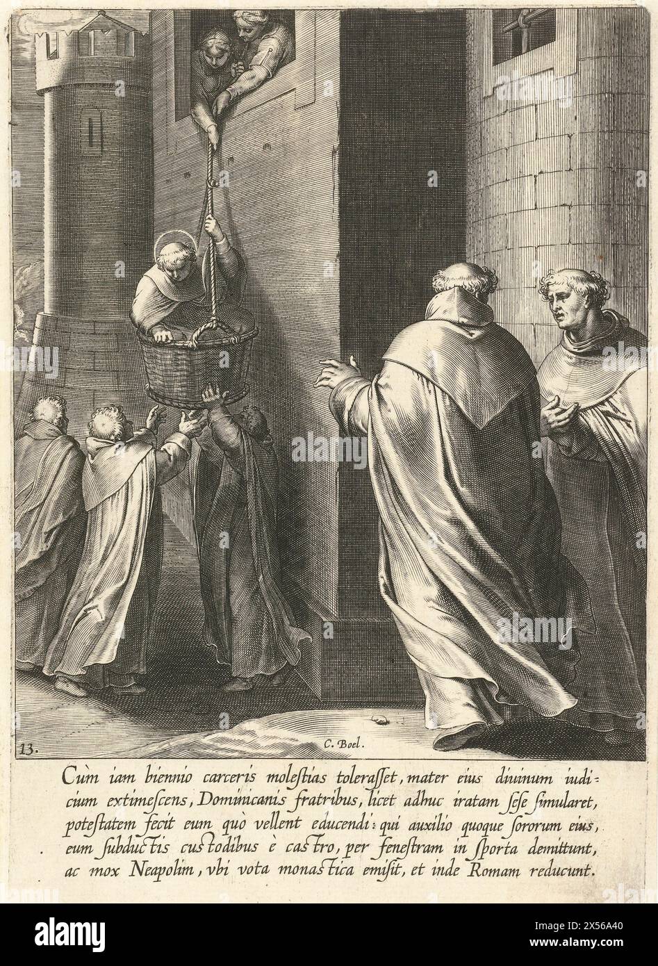 Thomas flieht aus dem Gefängnis, Cornelis Boel, nach Otto van Veen, 1610 – mit Hilfe seiner Brüder und Schwestern entkommt Thomas aus dem Gefängnis. Er wird durch das Fenster in einem Korb an einem Seil abgesenkt. Stockfoto