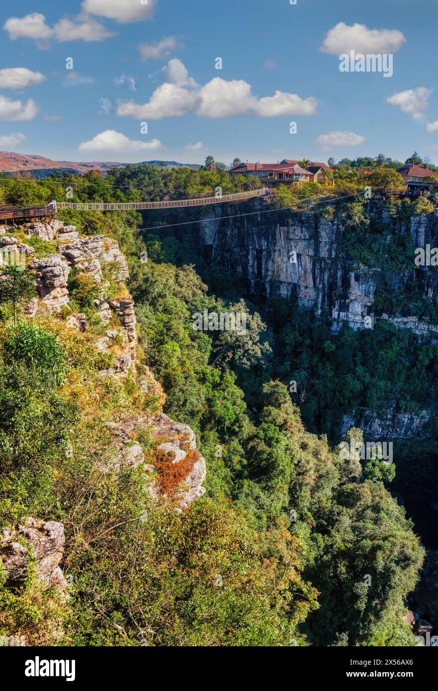 Landschaftsberge in der Graskop Gorge, Provinz Mpumalanga östlich von Südafrika, Naherholungsgebiet mit einer Schlucht, sowie Seilrutschen und einer Suspension b Stockfoto