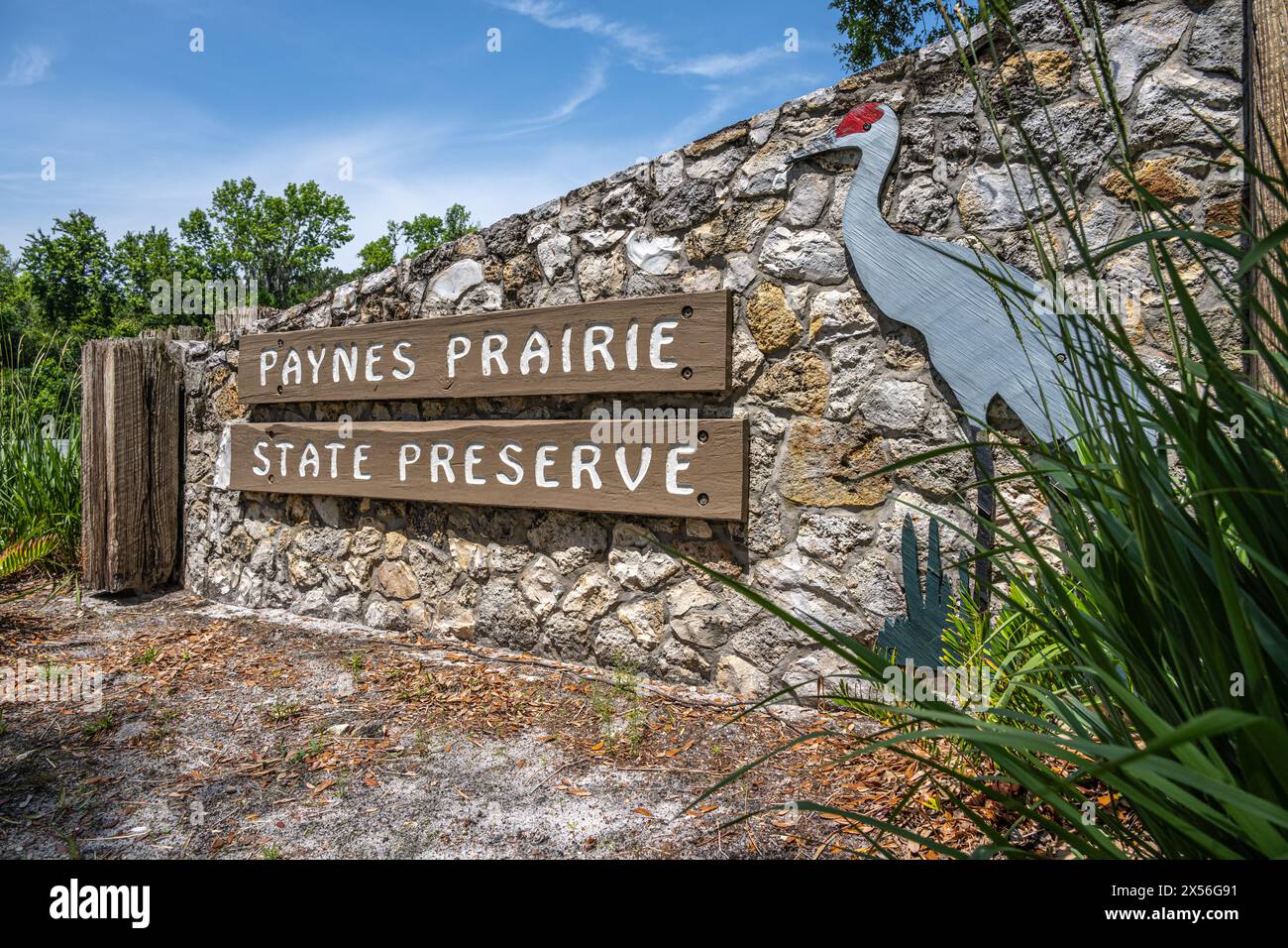 Eintrittsschild zum Paynes Prairie Preserve State Park, Heimat wilder Büffel, Pferde und Rinder sowie anderer Wildtiere in Micanopy, Florida. (USA) Stockfoto