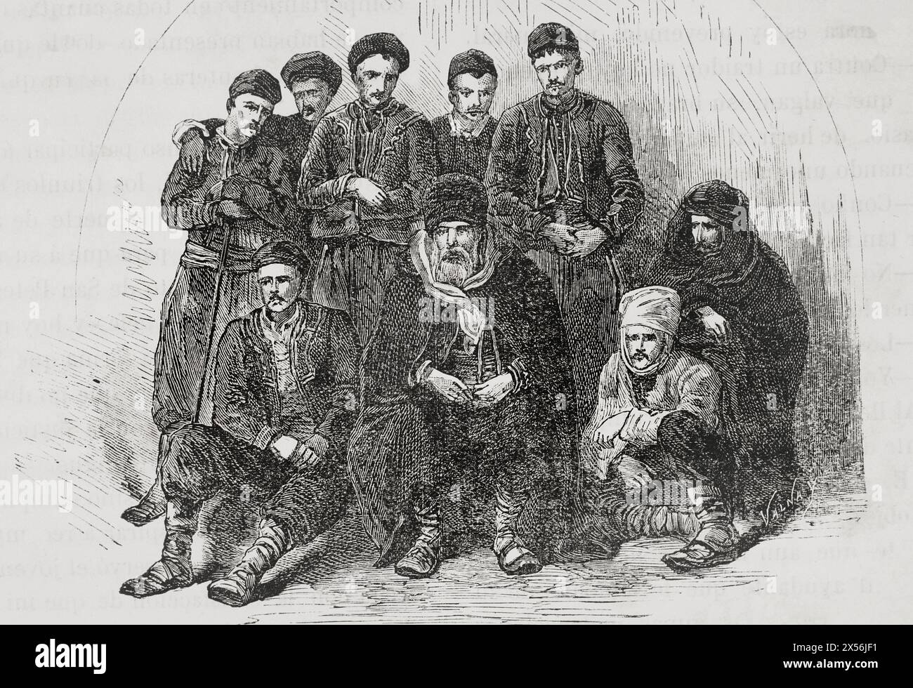 Bulgarische Dorfbewohner. Stich von Valnay. "La Guerra de Oriente" (russisch-türkischer Krieg). Band I. 1877. Stockfoto