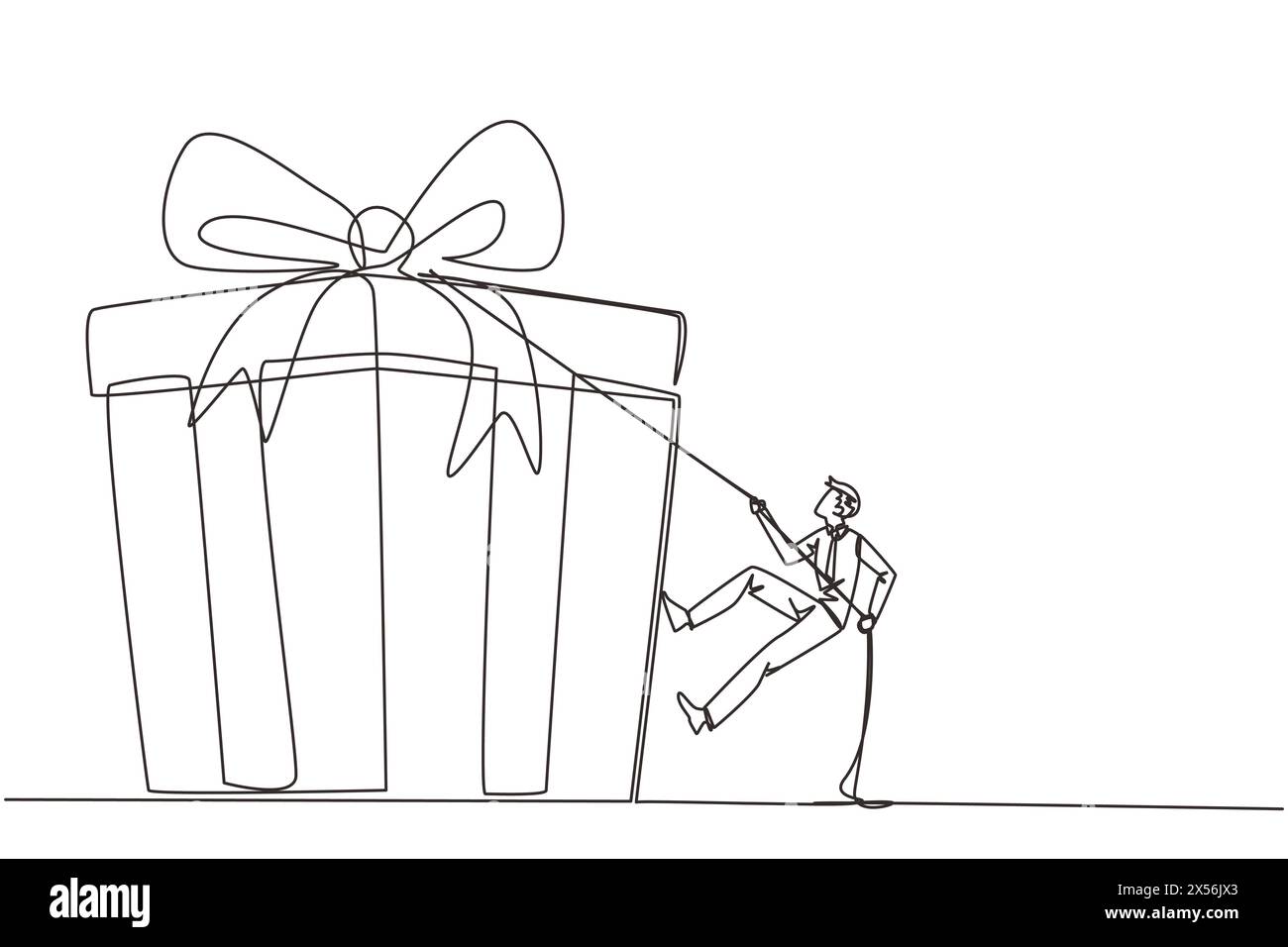 Einzelne durchgehende Linie Zeichnung Geschäftsmann Klettern Geschenkbox mit Seil. Kämpfen Sie beharrlich, um die gewünschte Belohnung zu erreichen. Harte Arbeit. Ehrliche Arbeit. Stock Vektor