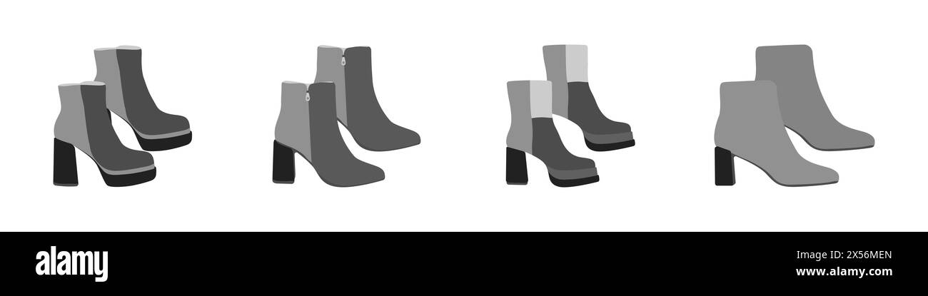 Damenschuhe isoliert auf weißem Hintergrund. Mode Schuhe Vektor. Schuhlogo. Satz von hohen Winterschuhen Vektor. Vektorabbildung. Stock Vektor