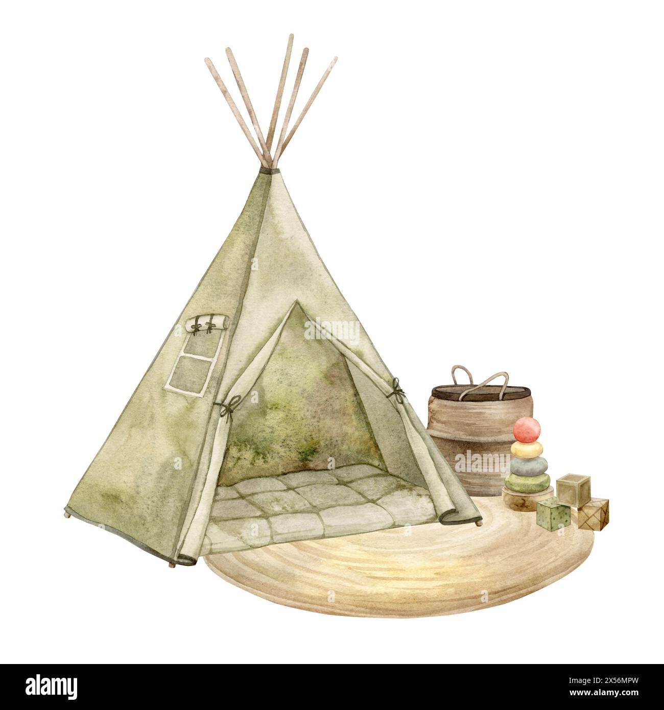Aquarellkomposition mit Elementen eines Kinderzimmers, eines Wigwams, eines Korbs und Kinderspielzeug. Isolierte handgezeichnete Illustration für Kinderinhalte Stockfoto