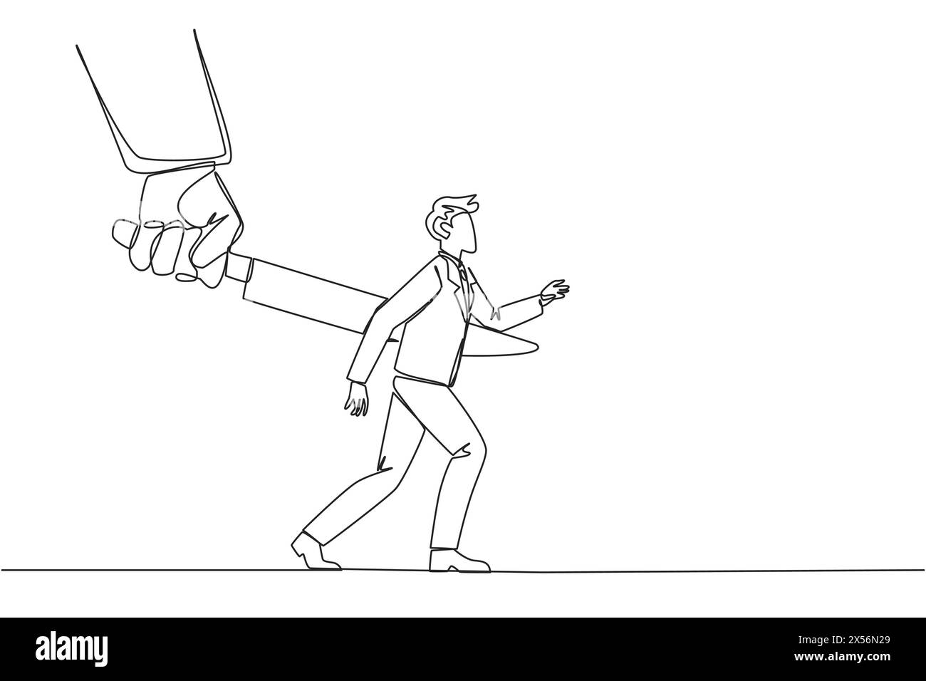 Ein einzelner, durchgehender Zeichnungs-Geschäftsmann, der von einem großen Messer in den Rücken gestochen wurde. Von einem Geschäftspartner zum Ruin betrogen. Ein Feind, verkleidet als Freund Stock Vektor