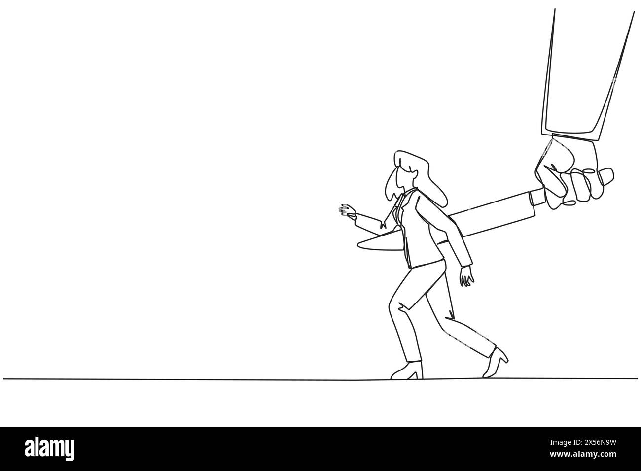 Durchgehende, einzeilige Geschäftsfrau, die mit einem großen Messer in den Rücken gestochen wurde. Von einem Geschäftspartner zum Ruin betrogen. Feind verkleidet als Freund. Das Fach Stock Vektor