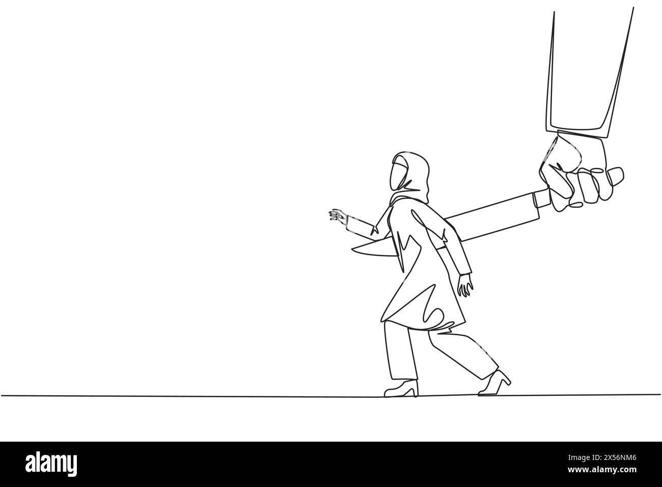 Eine durchgehende Linie zeichnet eine arabische Geschäftsfrau, die von einem großen Messer in den Rücken gestochen wurde. Von einem Kollegen zum Ruin betrogen. Ein Feind, verkleidet als Freund. T Stock Vektor