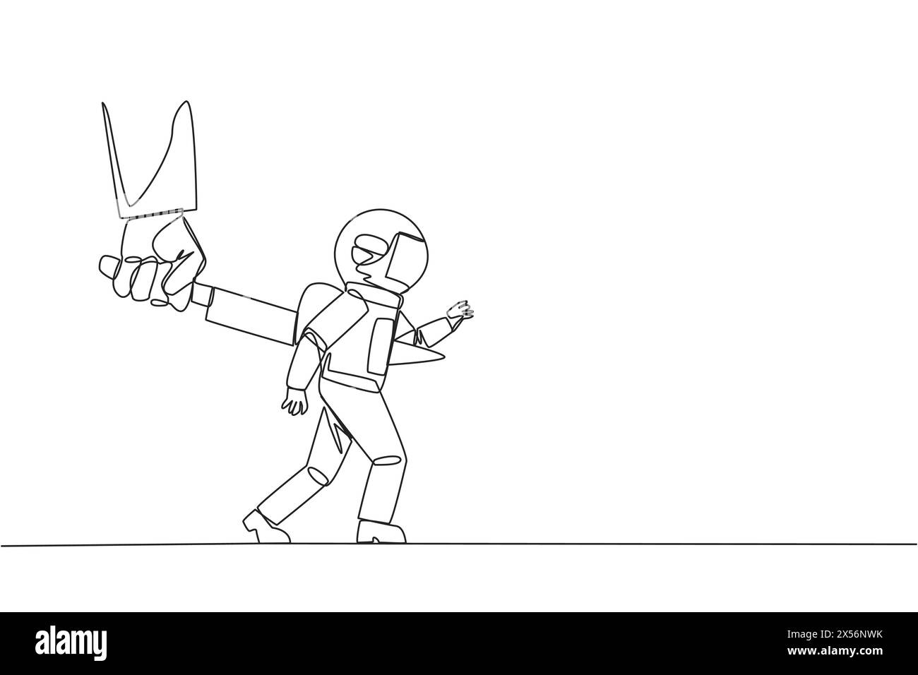 Ein Astronaut mit einer durchgehenden Linie, der von einem großen Messer in den Rücken gestochen wird. Von einem Geschäftspartner zum Ruin betrogen. Ein Feind, verkleidet als Freund. Stock Vektor