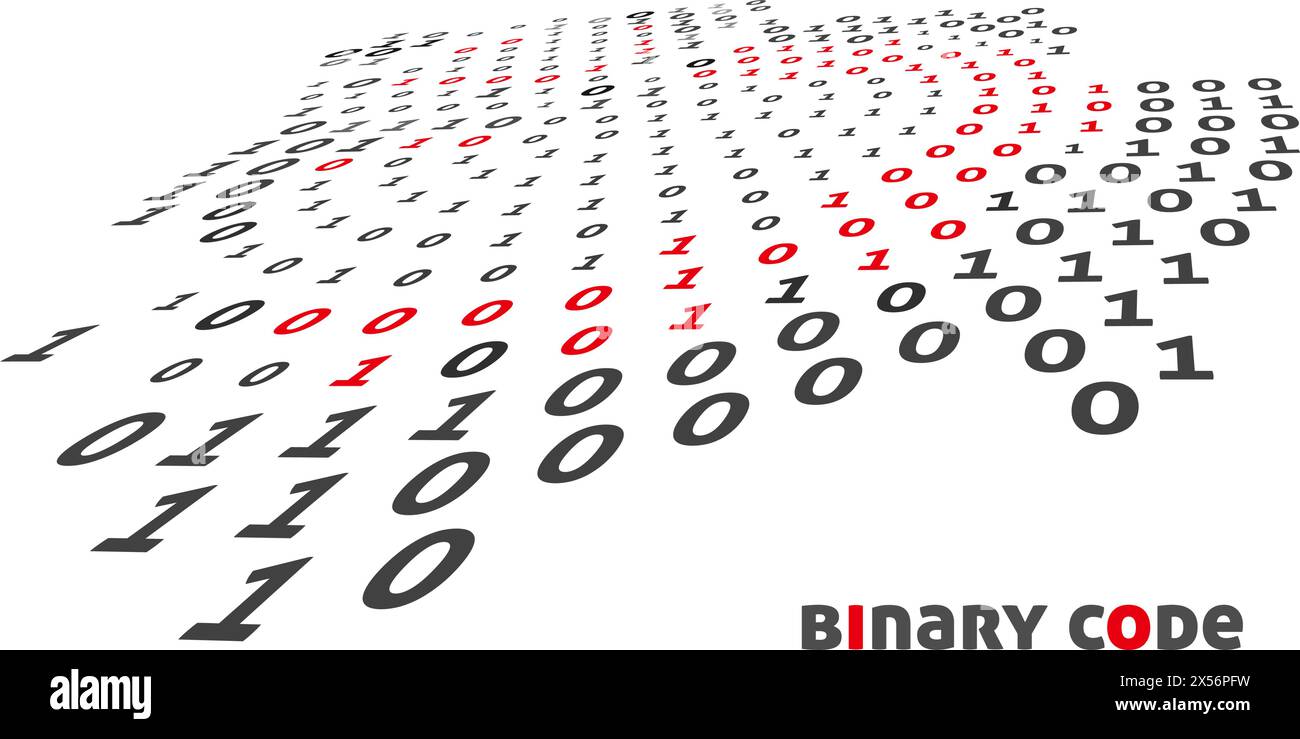 Abstraktes perspektivisches Binärcodeobjekt nach roten und schwarzen Einsen und Nullen. Vektorgrafiken Stock Vektor