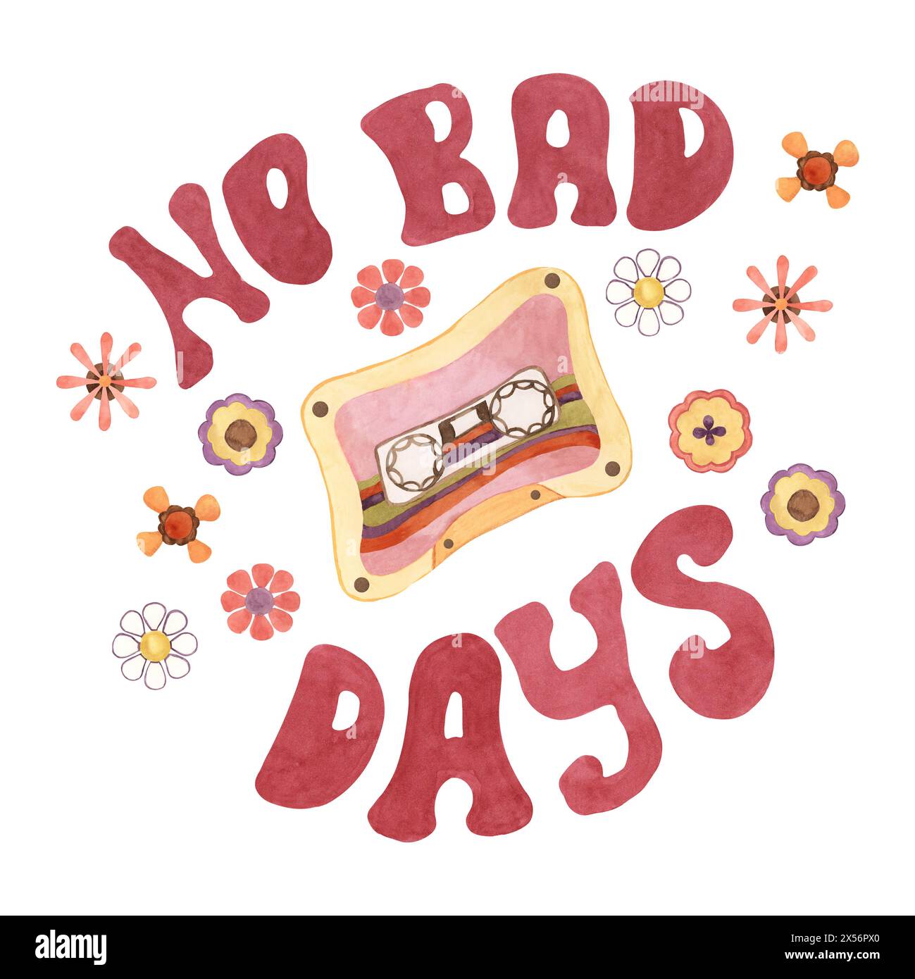 Trippiges Audiotape, Blumen und T-Shirt mit „No Bad Days“-Schriftzug. Retro-Hippie-Vibes Musikkassetten-Clipart im Stil der 1970er Jahre. Nostalgisch-grooviges Design mit Schriftzug. Handgezeichnetes T-Shirt mit grafischem T-Shirt-Print Stockfoto