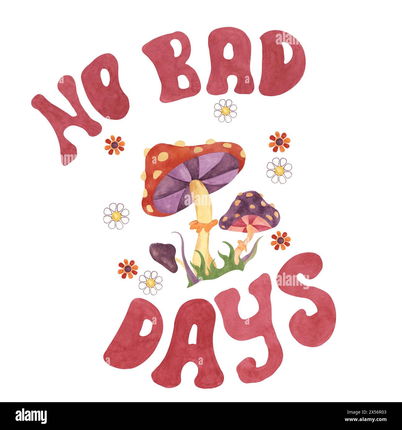 Trippy Fliegenpilze, Blumen und das T-Shirt mit „No Bad Days“-Schriftzug. Retro Hippie Pilz Clipart 60er Jahre Stil 70er Jahre nostalgisch grooviges Design mit Schriftzug. Handgezeichnetes T-Shirt mit grafischem T-Shirt-Print Stockfoto