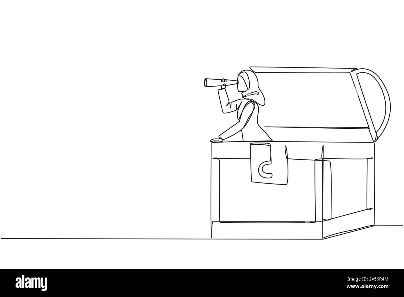 Eine einzeilige Zeichnung Arabische Geschäftsfrau taucht aus der Schatztruhe auf und sucht durch ein Fernglas nach etwas. Das Glück, reich zu sein Stock Vektor