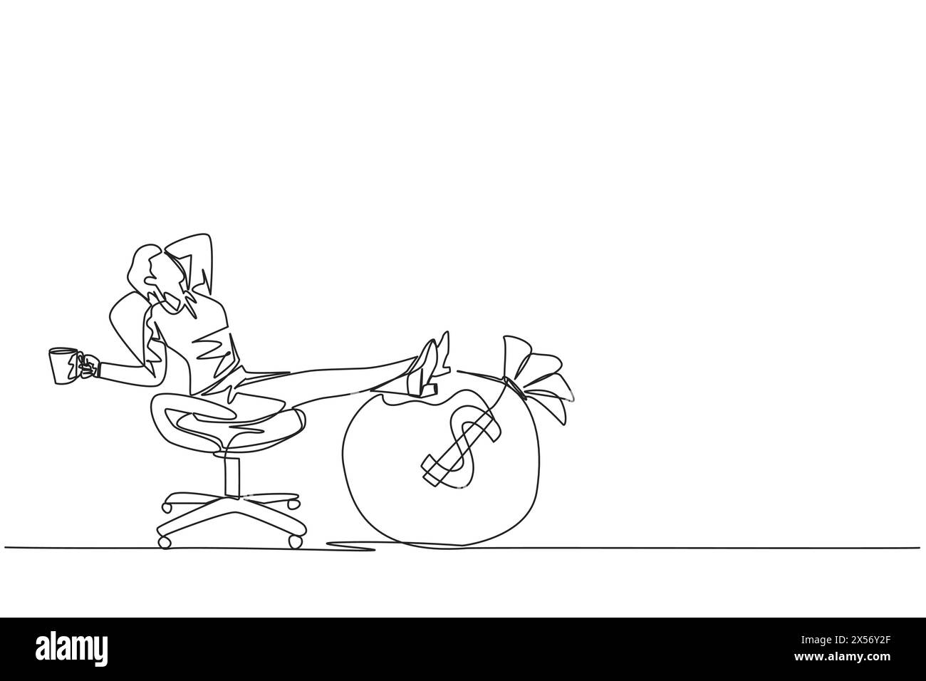 Eine einzeilige Geschäftsfrau, die entspannt in einem Arbeitsstuhl sitzt und einen Becher hält. Der Fuß liegt auf der großen Geldtasche. Genießen Sie einen enormen Erfolg Stock Vektor