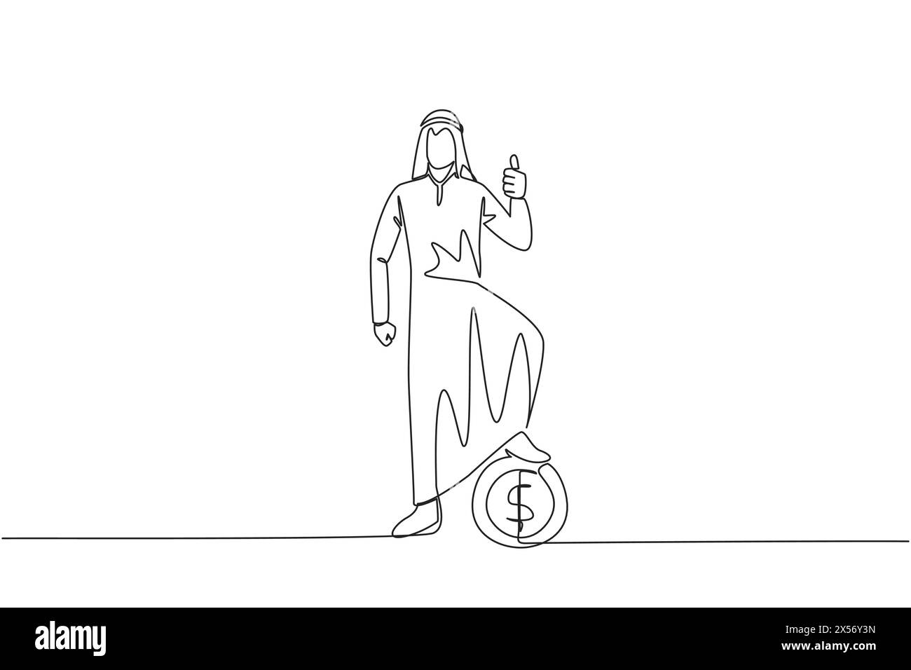 Eine einzige Zeilenzeichnung ein arabischer Geschäftsmann steht in einer Daumen-nach-oben-Pose und tritt auf eine große Münze mit einem Dollarsymbol. Die kleine Hauptstadt für große profis Stock Vektor