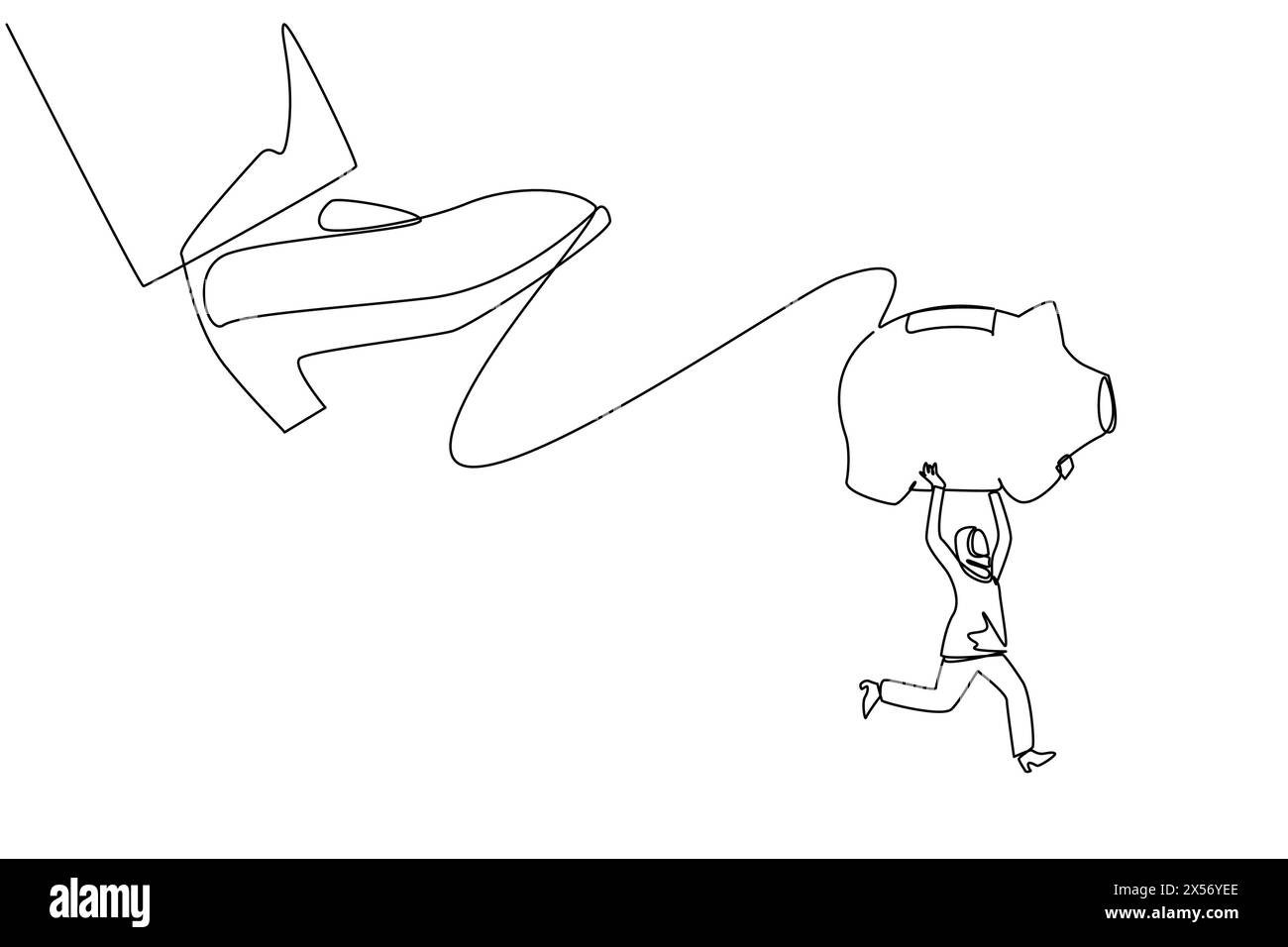 Durchgehend eine Linie zeichnende arabische Geschäftsfrau mit Schweinebank, die vor dem riesigen Fuß weggelaufen ist. Vermeidet viel ernstere Probleme. Assets werden gespeichert. Stru Stock Vektor