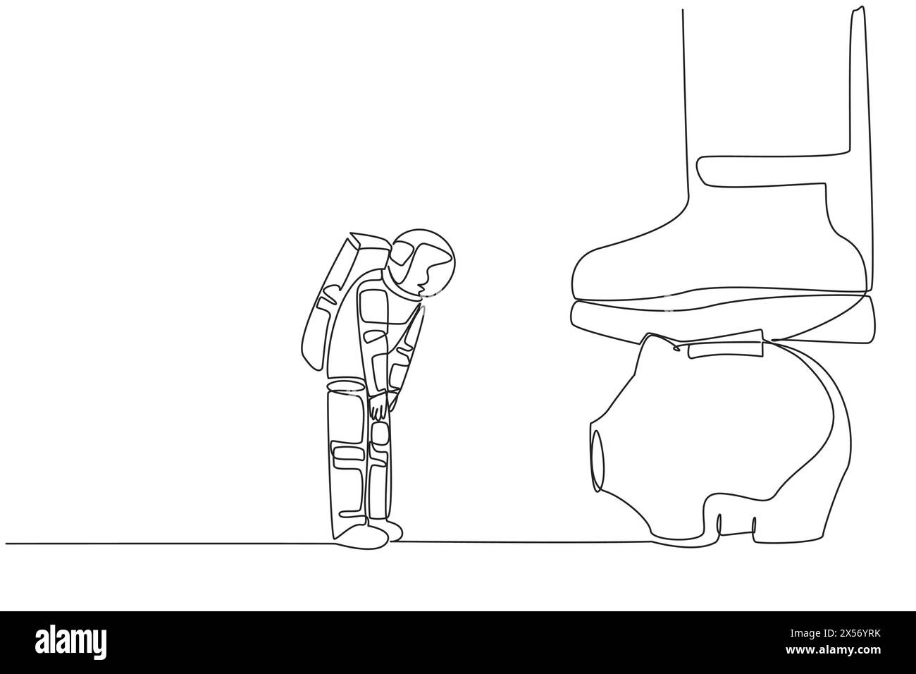 Ein einziger Astronaut nickte vor einem riesigen Fuß, der auf eine Schweinebank trat. Bitte um Erlaubnis, in die nächste Expedition zu investieren. Galax Stock Vektor