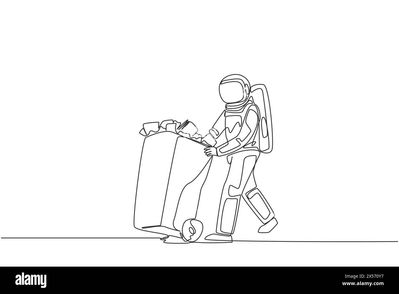 Ein Astronaut mit einer durchgehenden Linienzeichnung schiebt einen Mülleimer voller Papierkorb. Entsorgen Sie Schulungshinweise, die nicht mehr im Raum verwendet werden Stock Vektor