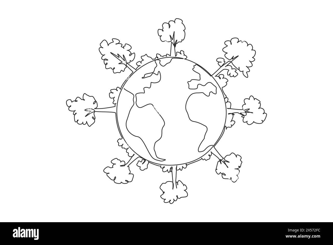 Eine einzige Linie zeichnet einen Globus mit Wald. Wunderschöne Umgebung. Produziert viel Sauerstoff. Natürliche Nahrungsquellen sind überall vorhanden. Schützen Sie die e Stock Vektor