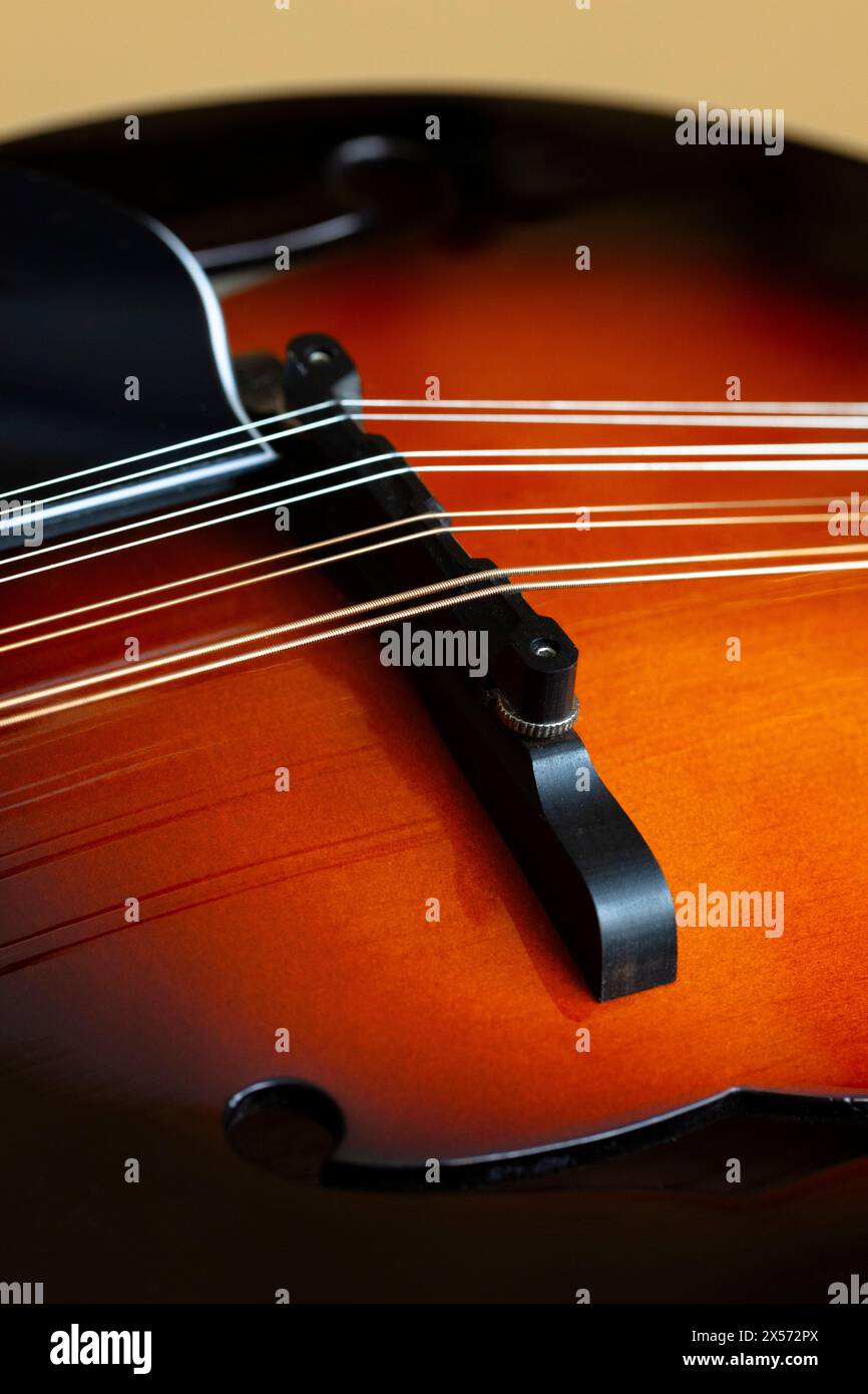 Akustik-Mandoline im A-Stil mit F-Löchern. Ein populäres 8-saitiges Volksmusikinstrument. Stockfoto