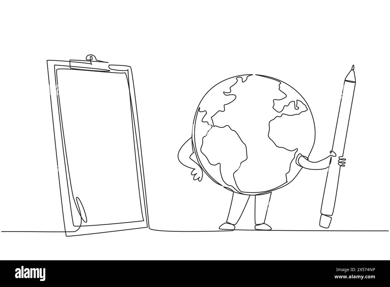 Eine einzelne durchgehende Linie, die die Globus zeigt und einen großen Bleistift vor einer Zwischenablage hält. Erstellen Sie eine Liste, was getan werden muss, um die Erde zu erhalten Stock Vektor