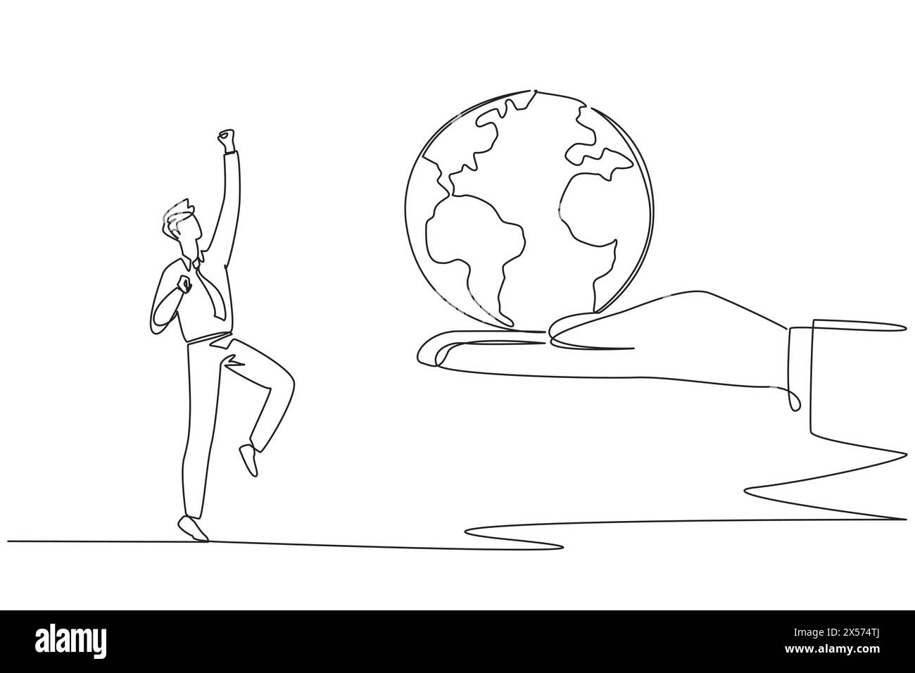 Einzelne durchgehende Linienzeichnung der Geschäftsmann freut sich, die Welt aus der riesigen Hand zu holen. Befördern Sie Positionen im neu eröffneten Businin Stock Vektor