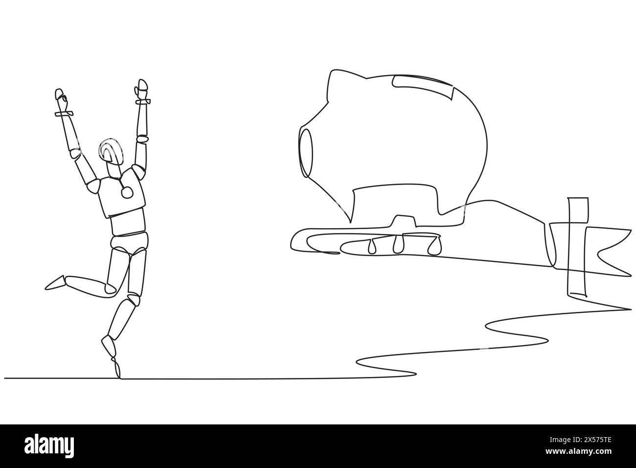 Eine einzige Linie zeichnet einen Roboter, der glücklich ist, eine Schweinebank von einer riesigen Hand zu bekommen. Investieren Sie in Algorithmustests. Künstliche Intelligenz nimmt zu. Zukunft Stock Vektor